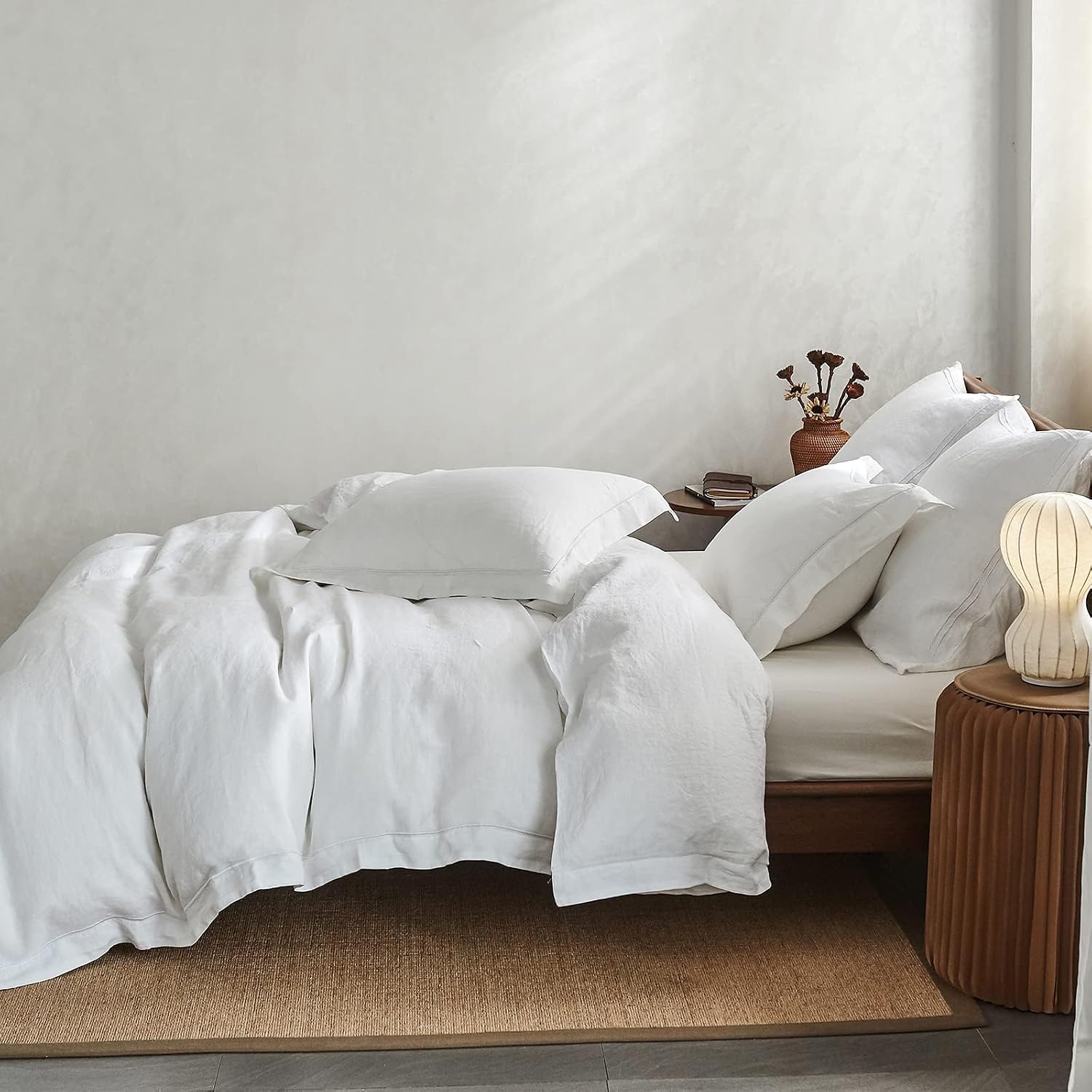 Simple&Opulence 100% Washed Linen Duvet Cover with Embroidered, 3 Pieces Soft Farmhouse Comforter Set with Button Closure,1 Duvet Cover and 2 Pillowshams(Queen, White)
