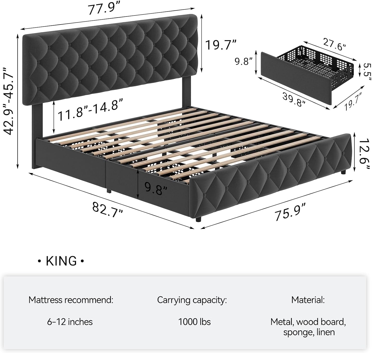 King Size Bed Frame with 4 Storage Drawers & Headboard, Linen Upholstered Platform Bed Frame, Stylish Diamond Tufted Design, No Box Spring Needed | Grey