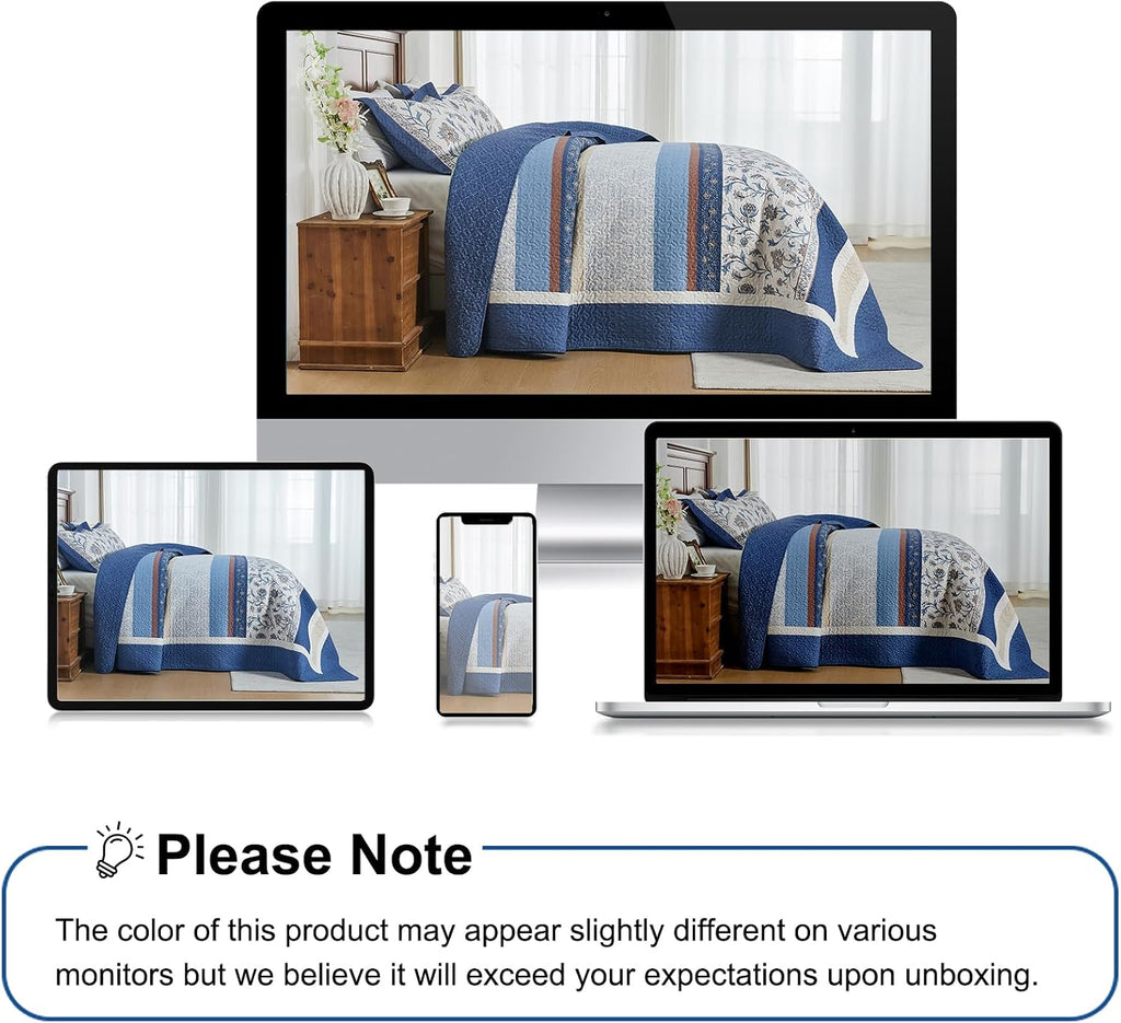 100% Cotton Oversized King Bedspread 128'x120' - Lightweight Vintage California Quilt with 2 Shams, Reversible Floral Striped Extra Wide Quilted Bedding Coverlet Set, Dark Blue/Brown/Cream
