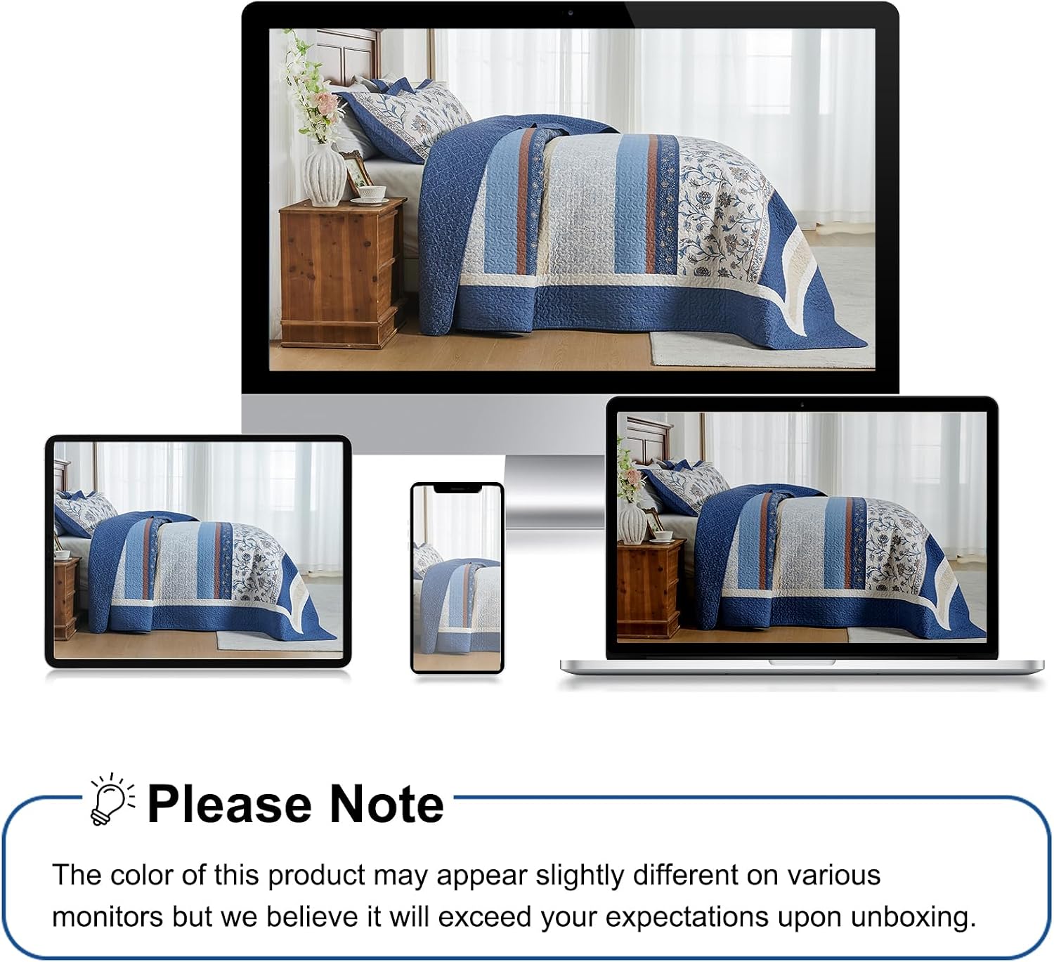 100% Cotton Oversized King Bedspread 128'x120' - Lightweight Vintage California Quilt with 2 Shams, Reversible Floral Striped Extra Wide Quilted Bedding Coverlet Set, Dark Blue/Brown/Cream