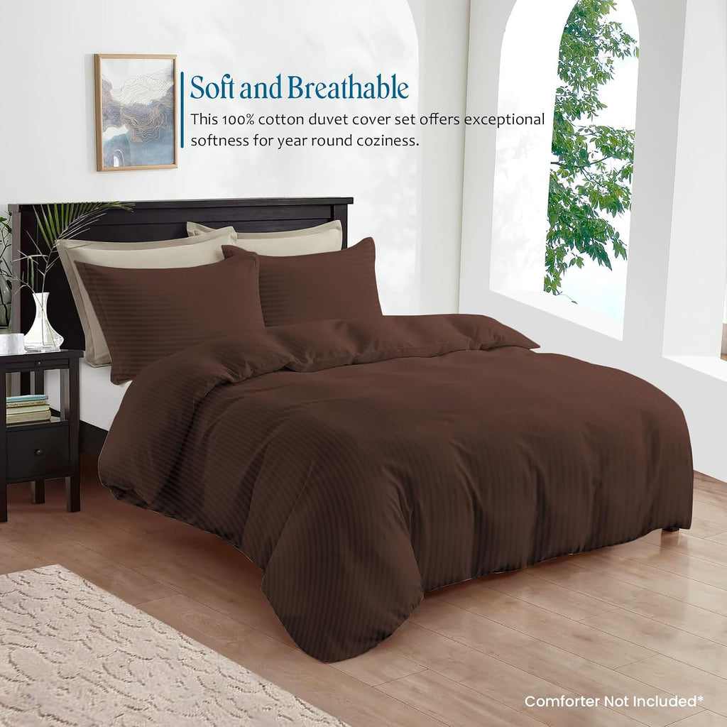 800TC 3 Sided Zipper Duvet Cover Set Soft Egyptian Cotton 3 Sided Zipper Closure, 3 PCS 1-Duvet Cover & 2- Pillow Shams - King-XL Size (98' x 116') Inches, (Chocolate Stripe)