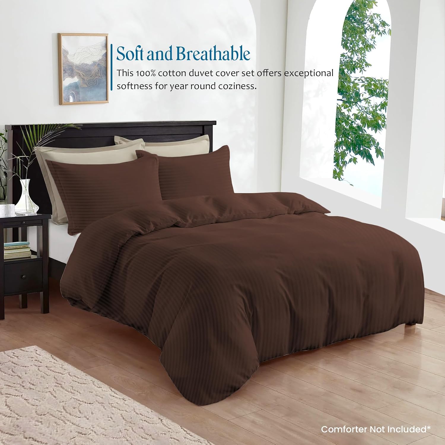 800TC 3 Sided Zipper Duvet Cover Set Soft Egyptian Cotton 3 Sided Zipper Closure, 3 PCS 1-Duvet Cover & 2- Pillow Shams - King-XL Size (98' x 116') Inches, (Chocolate Stripe)