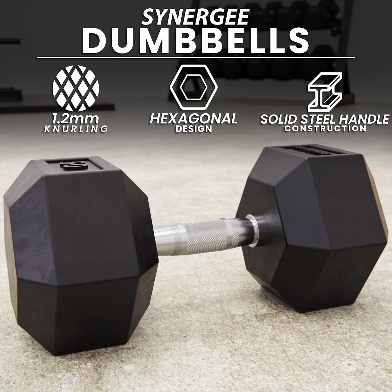 Synergee Rubber Encased Hex Dumbbells with Chrome Handle. All Purpose Weights for Strength & Conditioning Training. Available Size From 2.5 lbs to 50 lbs.