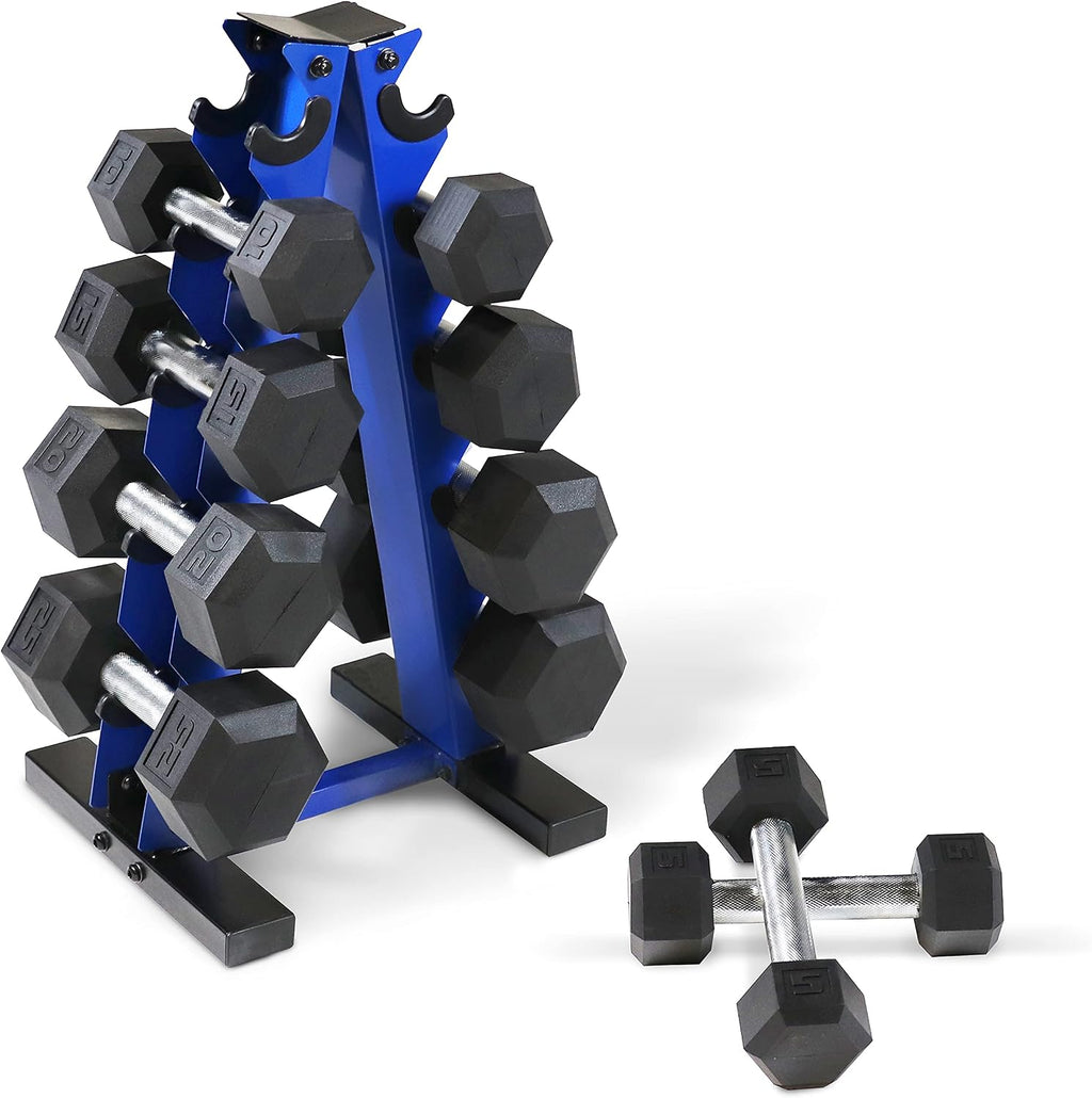 WF Athletic Supply 5-25Lb Rubber Coated Hex Dumbbell Set with A Frame Storage Rack Non-Slip Hex Shape for Muscle Toning, Strength Building & Weight Loss - Multiple Choices Available