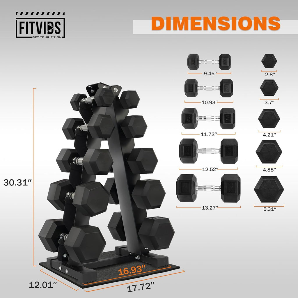 Fitvids Fitvids Rubber Coated Hex Dumbbell Weight Set and Storage Rack, 100LB Set or 150LB Set, 5-20 lbs Pairs or 5-25 lbs Pairs