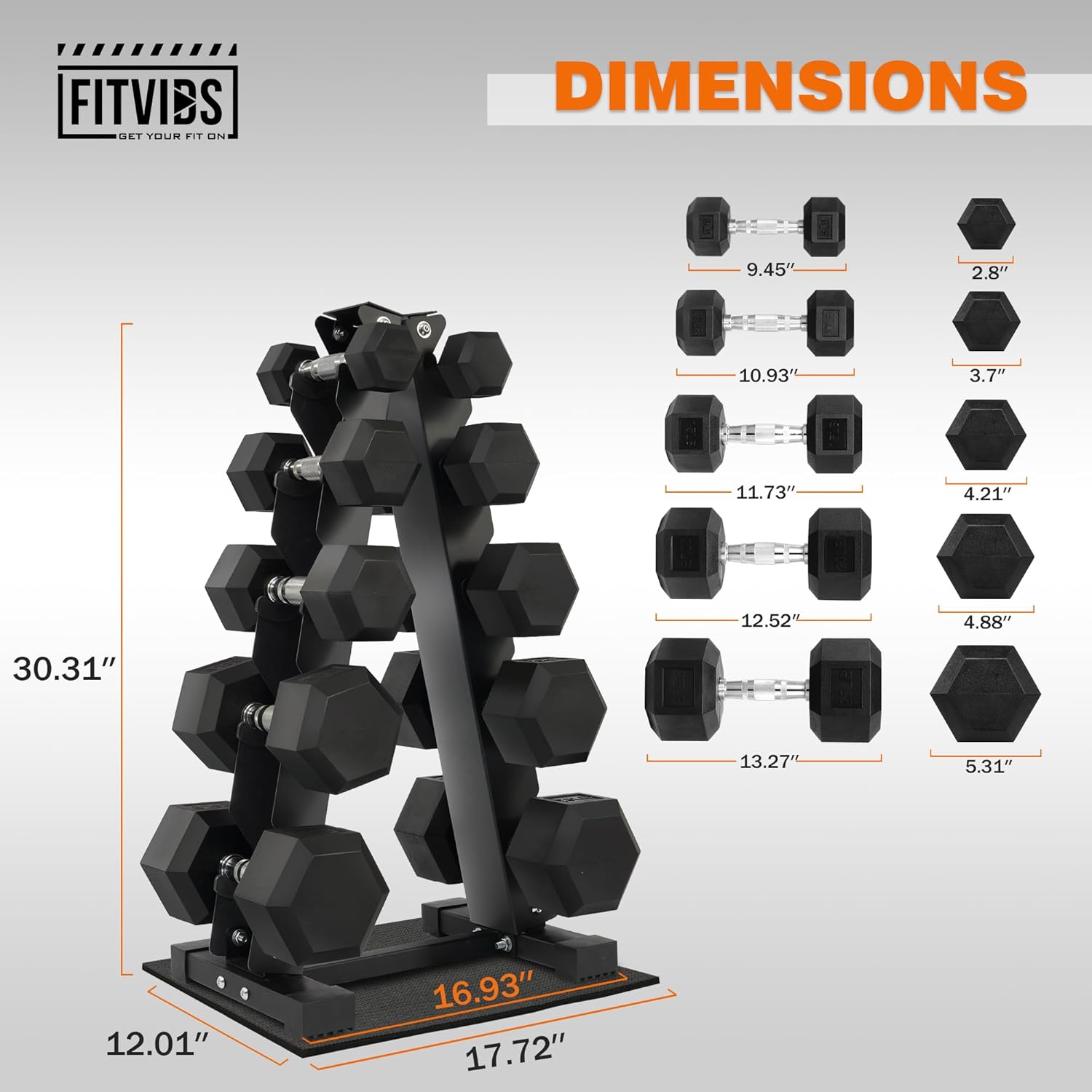 Fitvids Fitvids Rubber Coated Hex Dumbbell Weight Set and Storage Rack, 100LB Set or 150LB Set, 5-20 lbs Pairs or 5-25 lbs Pairs