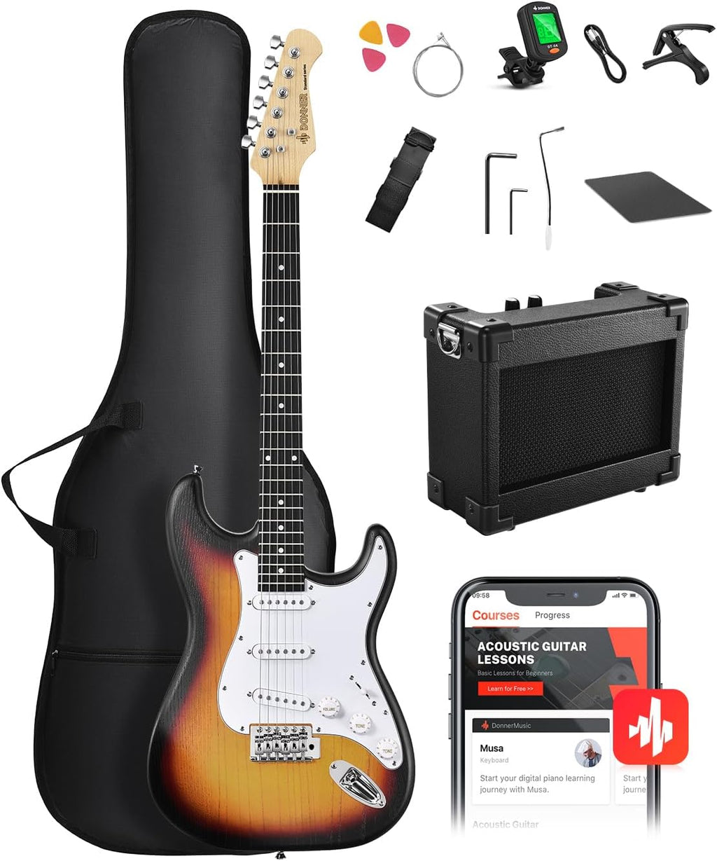 DONNER DST-80 Electric Guitar 39' Beginner Electric Guitar Kit with Amp, Classic SSS Pickup Complete with Gig Bag, Tuner, Capo, Strap, Picks, and Free Online Lessons