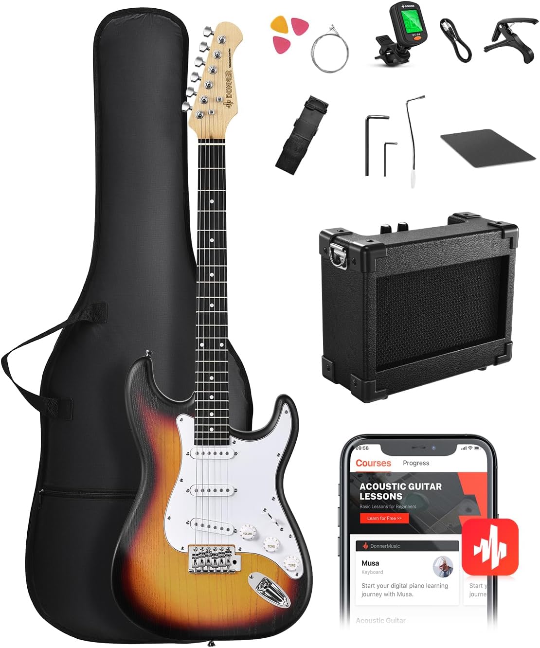 DONNER DST-80 Electric Guitar 39' Beginner Electric Guitar Kit with Amp, Classic SSS Pickup Complete with Gig Bag, Tuner, Capo, Strap, Picks, and Free Online Lessons