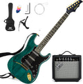 MUSTAR Electric Guitar Kit with 25W Amplifier, 39 Inch Full Size Solid Wood Electric Guitar Beginner Kits, Gig Bag, Digital Tuner, Capo, Strap, Cable, Picks, Birthday Holiday Gifts (Green, MEG-100)
