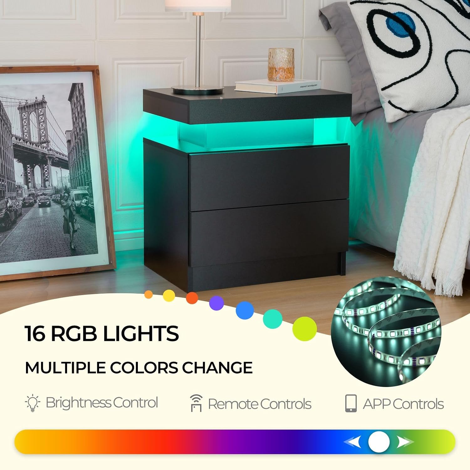 Bingoday Black Nightstand Set of 2 Black Bedside Tables Set of 2 LED Night Stand Set 2 Wood Nightstand Set of 2 with 2 Drawers for Bedroom Living Room