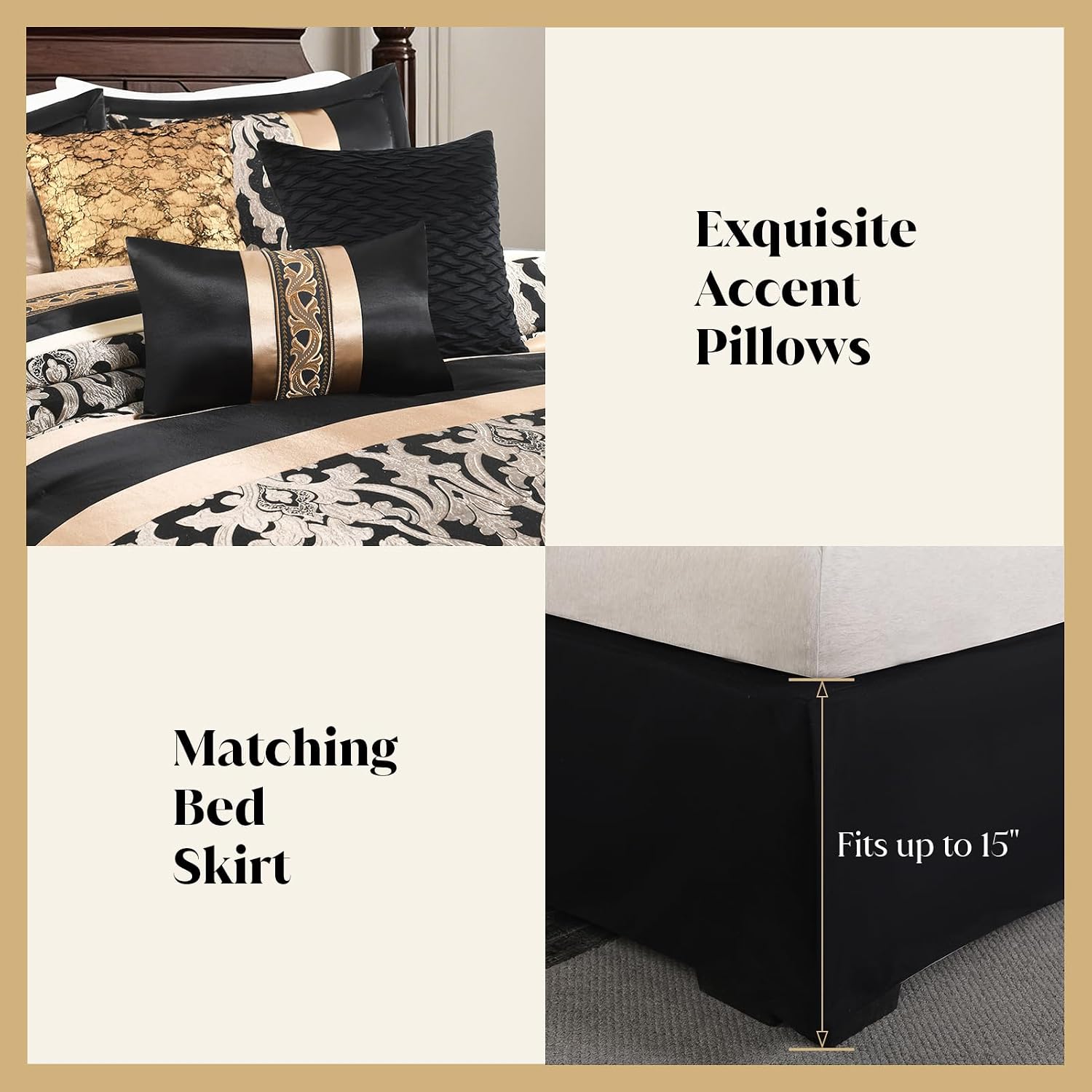 CozyDH Black Gold Jacquard Comforter Set California King - 7 Piece Luxury Bed in a Bag Vintage Damask Patchwork, All Season Down Alternative Bedding with Bed Skirt, Shams, Decor Pillows, 104x96 in