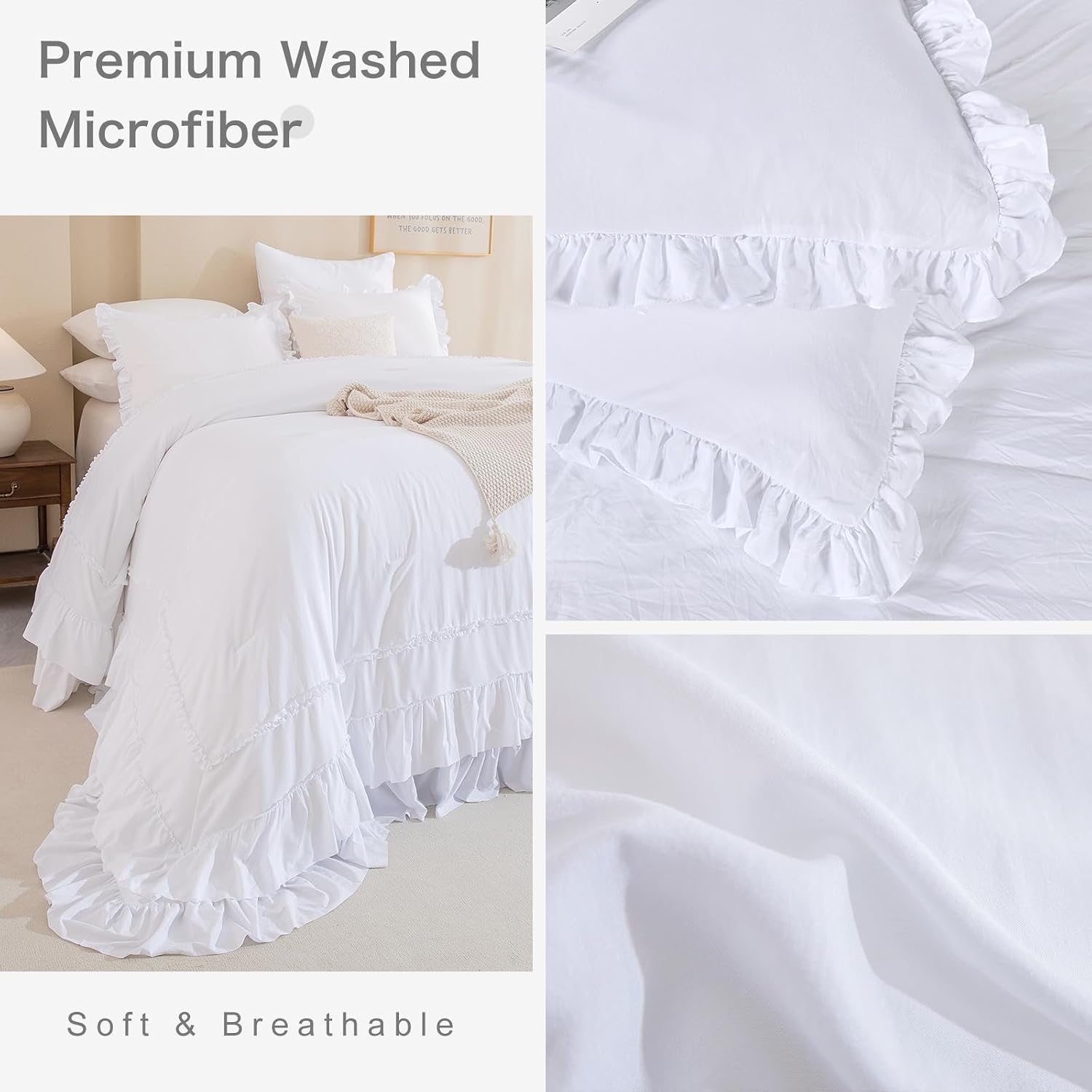 Masaca Oversized King Comforter 128x120,White Shabby Boho Chic Farmhouse Bedding Comforter with Ruffles,3 Pieces Vintage Lightweight and Soft French Country Bedding Set