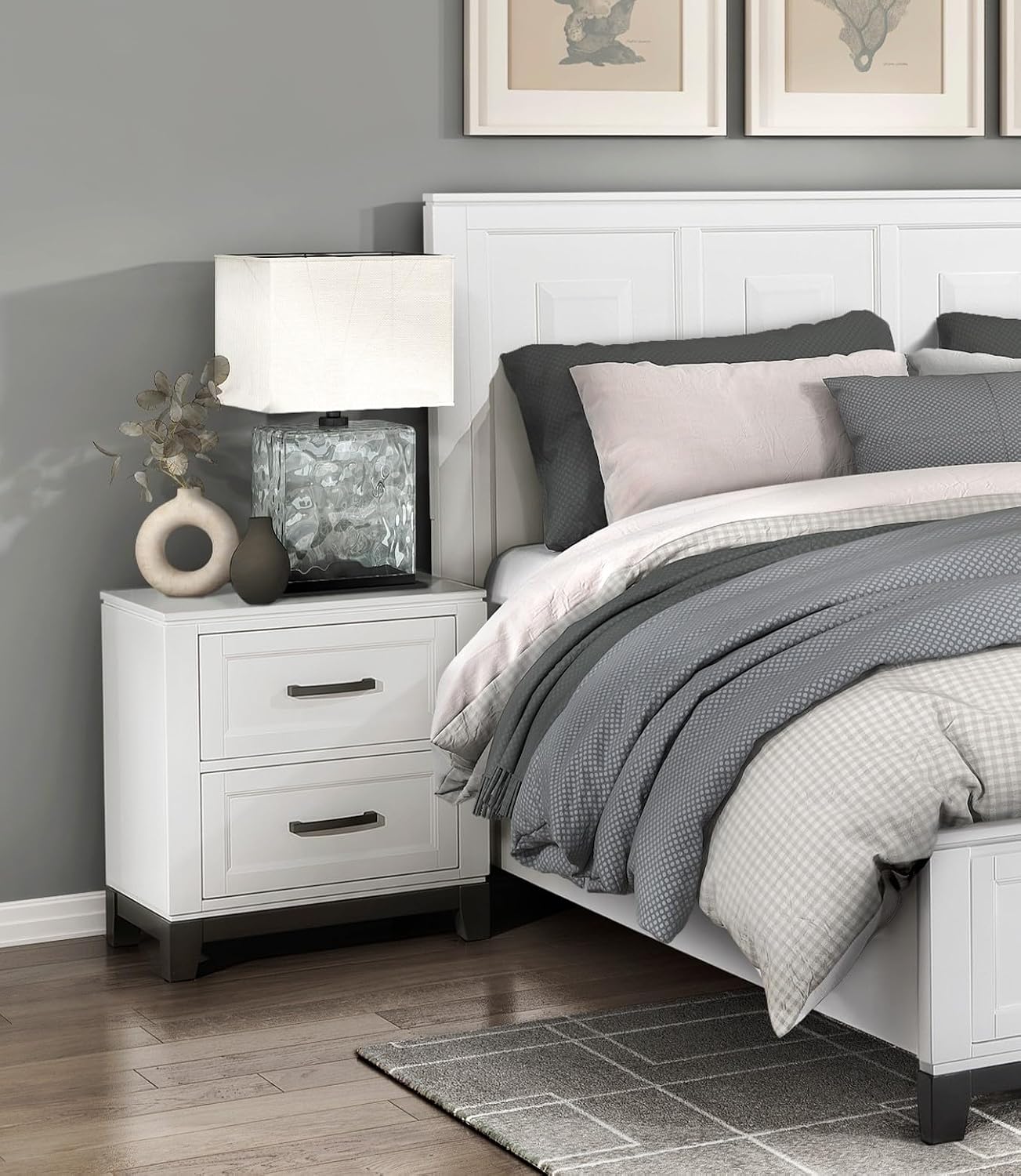 4PC California King Bedroom Set White Finish Wooden Platform Storage Bed, Transitional Style Furniture