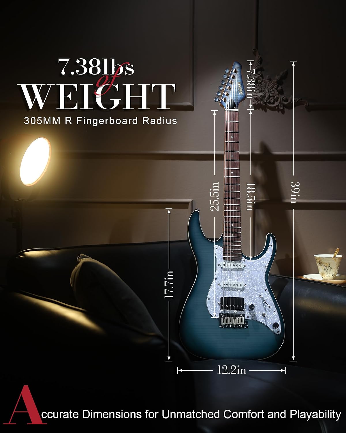 AKLOT Solid Body Electric Guitar - Flame Maple Top, HSS Alnico V Pickups with Coil-Split, Roasted Maple Neck, Locking Tuners, Veltrix Series, Storm Blue