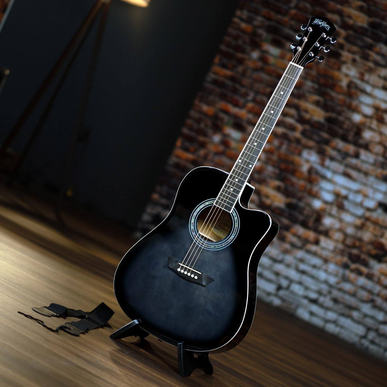 Washburn WA90CE Acoustic-Electric Guitar Kit - Black Bundle with Gig Bag, Strap, Picks, Strings, Stand, Instructional DVD and Austin Bazaar Polishing Cloth