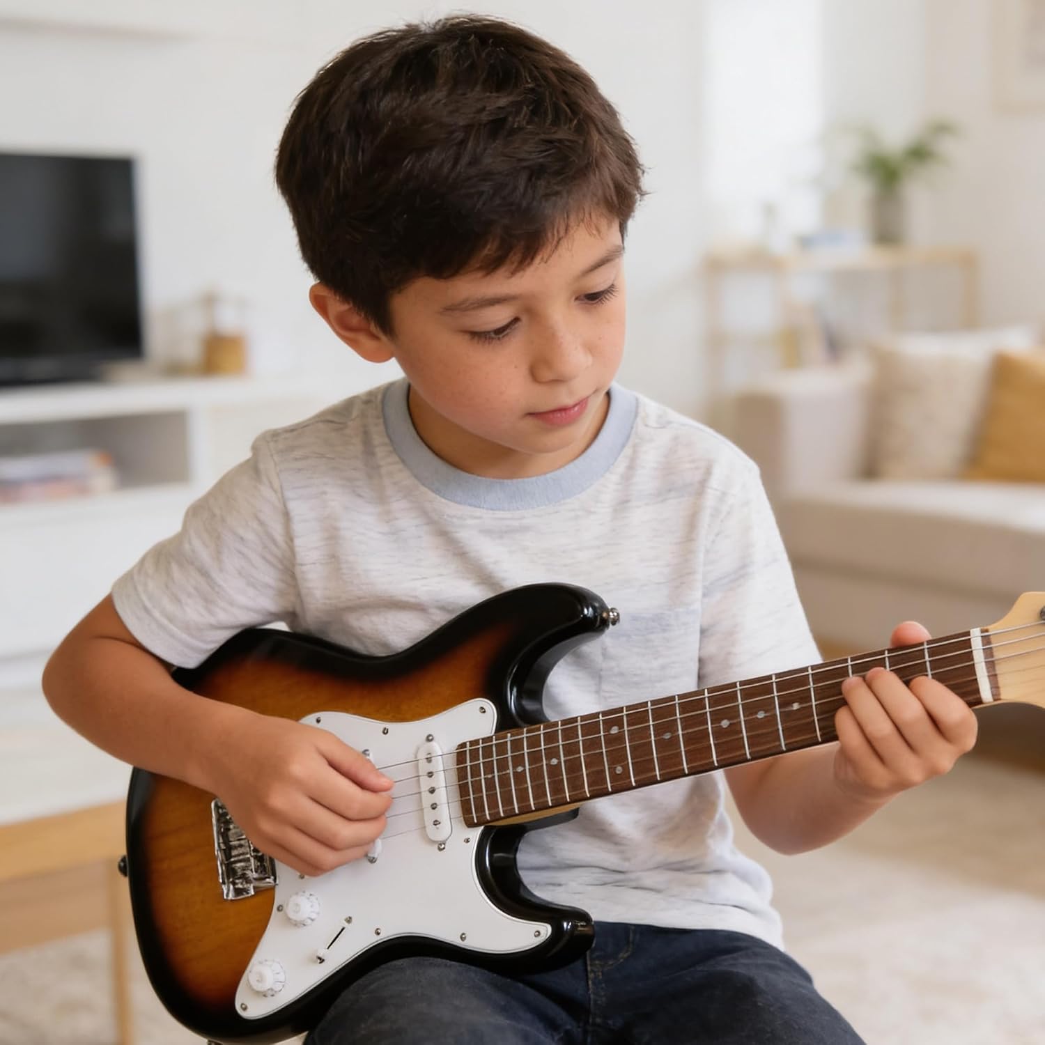 Fender Squier 3/4-Size Kids Mini Strat Electric Guitar - Sunburst Bundle with Amplifier, Cable, Tuner, Strap, Picks, and Austin Bazaar Instructional DVD