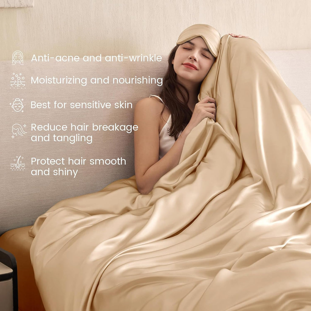 THXSILK 100% Pure Mulberry Silk Duvet Cover Set 3 Piece, 6A+ Grade Luxury Soft Bedding Silk Sheets for Hair and Skin, 1 Pcs Duvet/Quilt/Comforter Cover with 2 Zippered Pillowcases (Champagne, Twin)