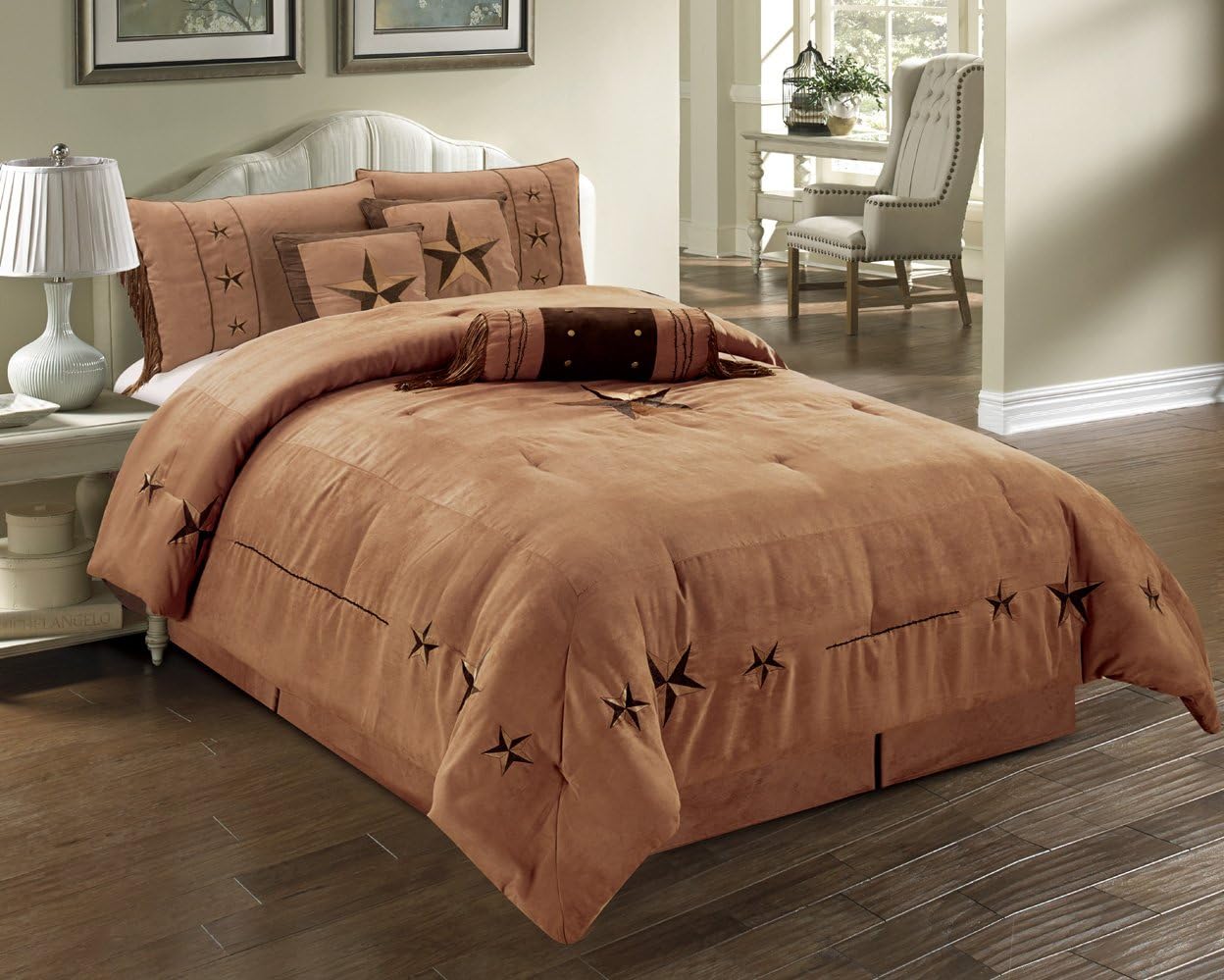 Grand Linen 7 Piece Western Decor Lodge Oversize King Comforter Set Taupe/Brown - Embroidered Lone Star Barbed Wire Micro Suede Bedding