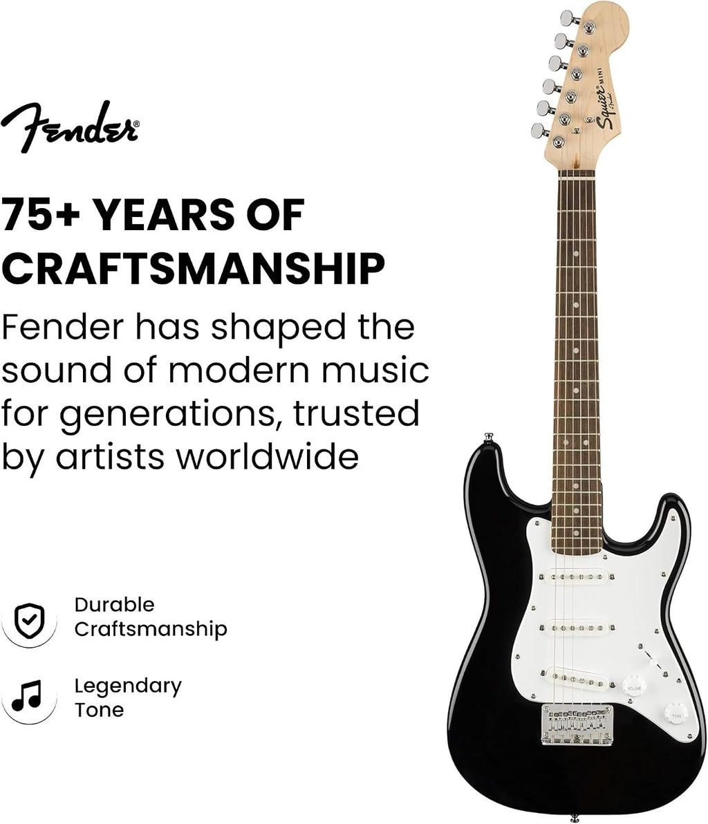 Fender Squier 3/4 Size Kids Mini Strat Electric Guitar Learn-to-Play Bundle w/ Amp, Cable, Tuner, Strap, Picks, Fender Play Online Lessons, and Austin Bazaar Instructional DVD - Black