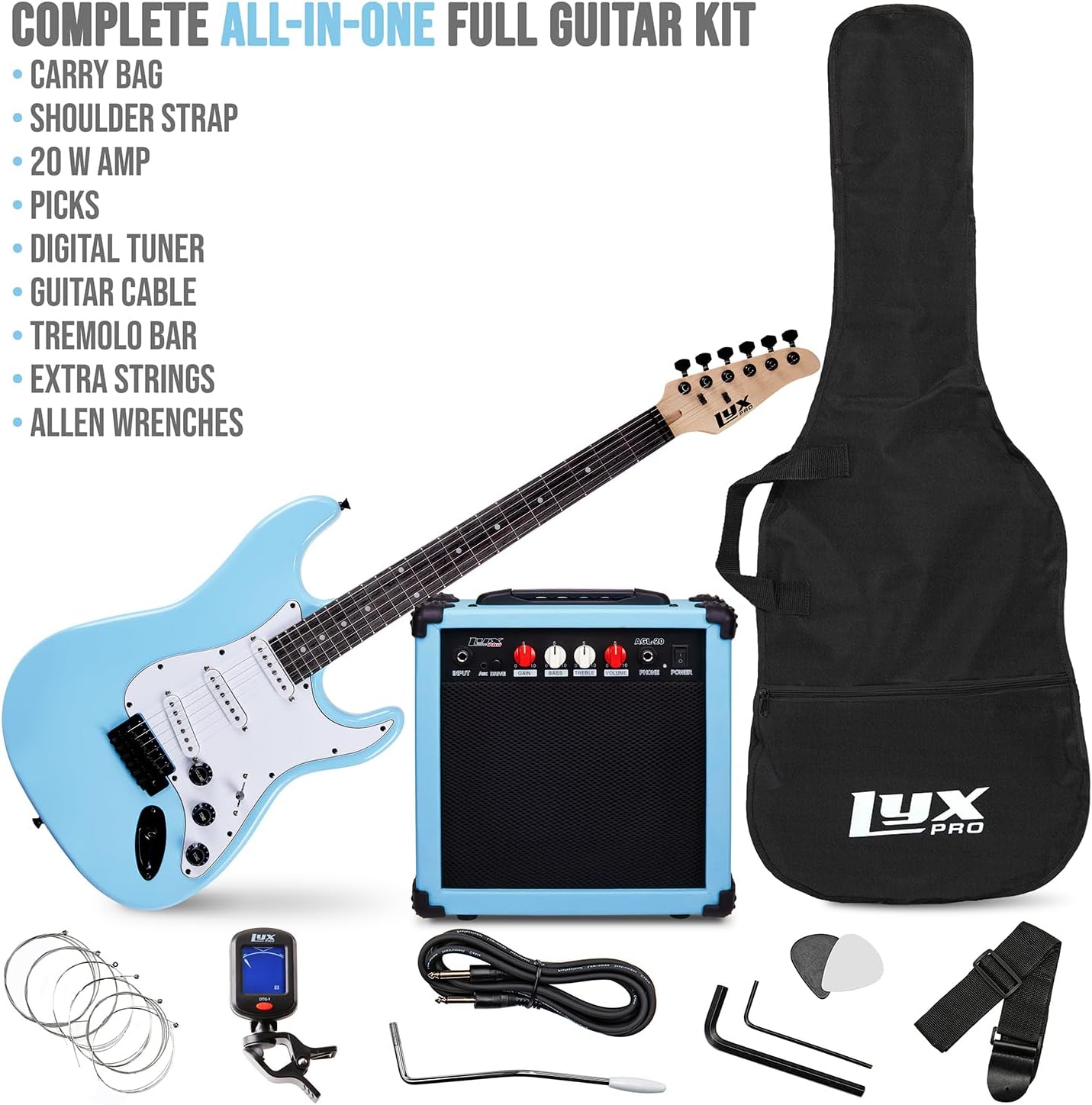 LyxPro 39 inch Electric Guitar Kit Bundle with 20w Amplifier, All Accessories, Digital Clip On Tuner, Six Strings, Two Picks, Tremolo Bar, Shoulder Strap, Case Bag Starter kit Full Size - Retro Blue