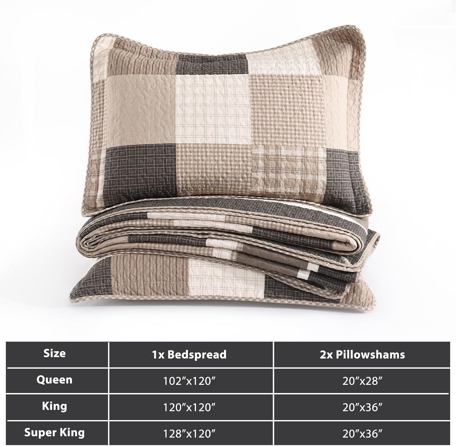 Plaid Bedspread 120'x120' Oversized King Bedspread, 100% Cotton California King Quilt with 2 Pillow Shams, Lightweight Farmhouse Quilted Bedspreads Coverlet Set, Brown/Beige/Cream, 3 Pcs