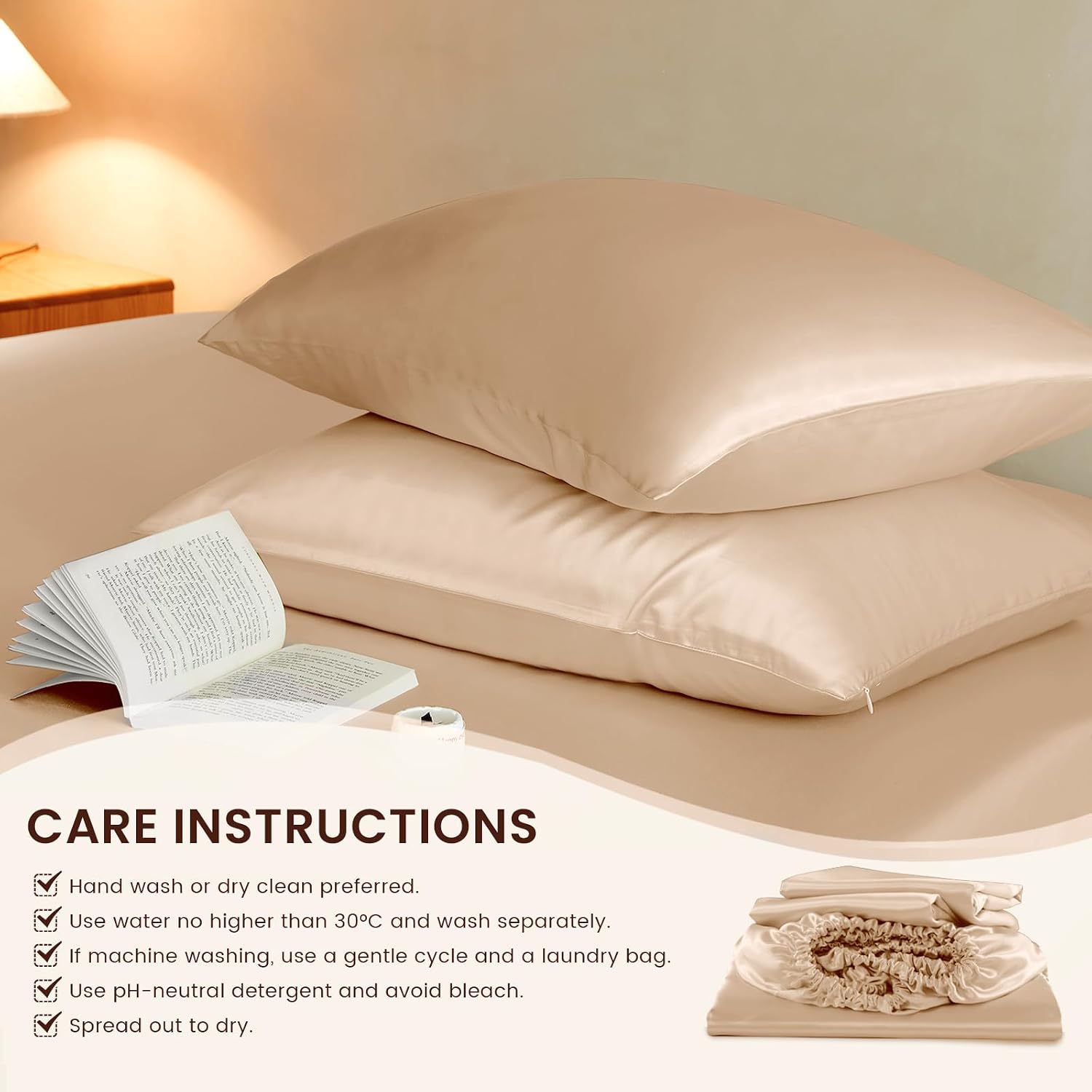 THXSILK Luxury Mulberry Silk Fitted Sheet Set 3 Pcs, King Silk Bed Sheet Set with 16' Deep Pockets, Soft & Cooling Sheets, 1 Fitted Sheet, 2 Pillowcases with Zipper Closure - Champagne