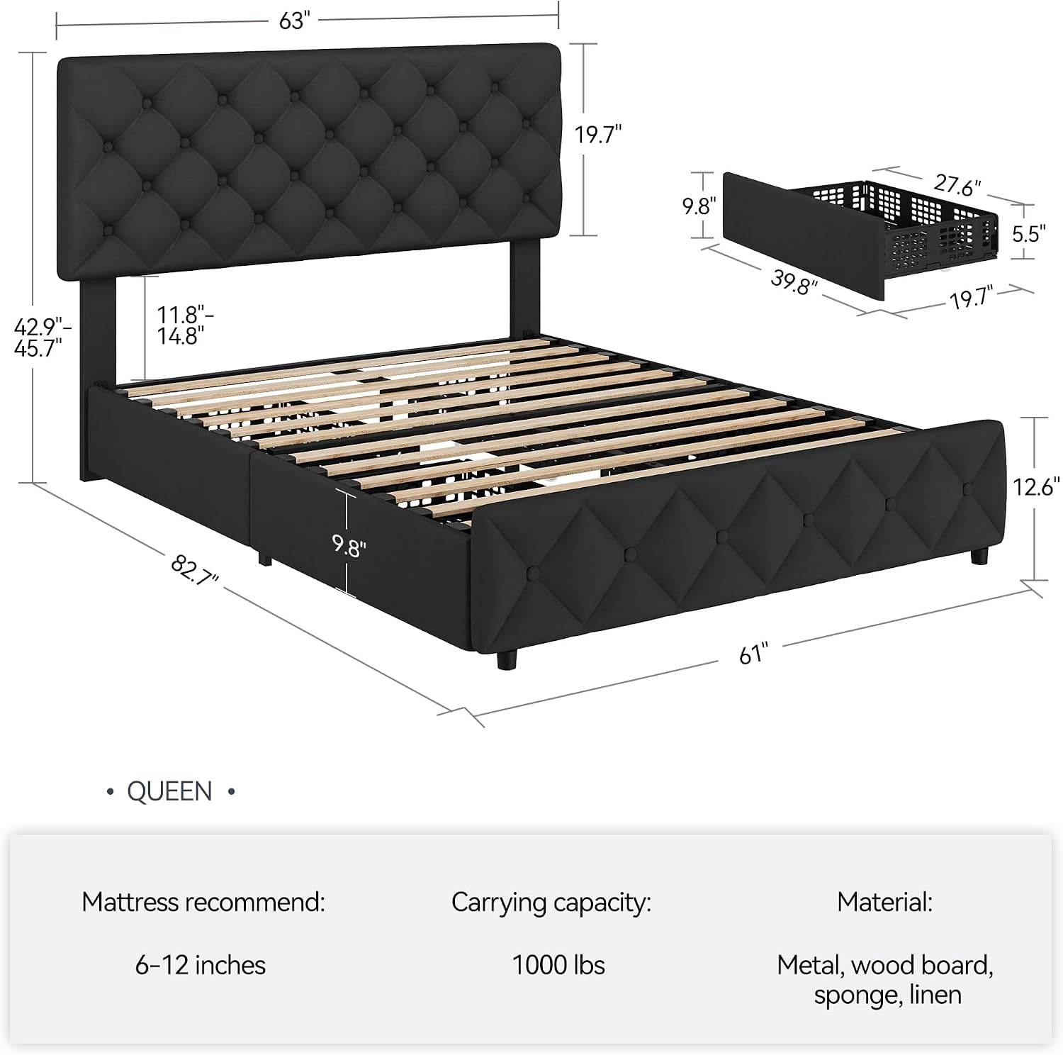 Full Size Bed Frame with 4 Storage Drawers, Linen Upholstered Platform Bed Frame with Headboard and Footboard, Wooden Slats Support, Diamond Stitched Button Tufted, No Box Spring Needed, Black