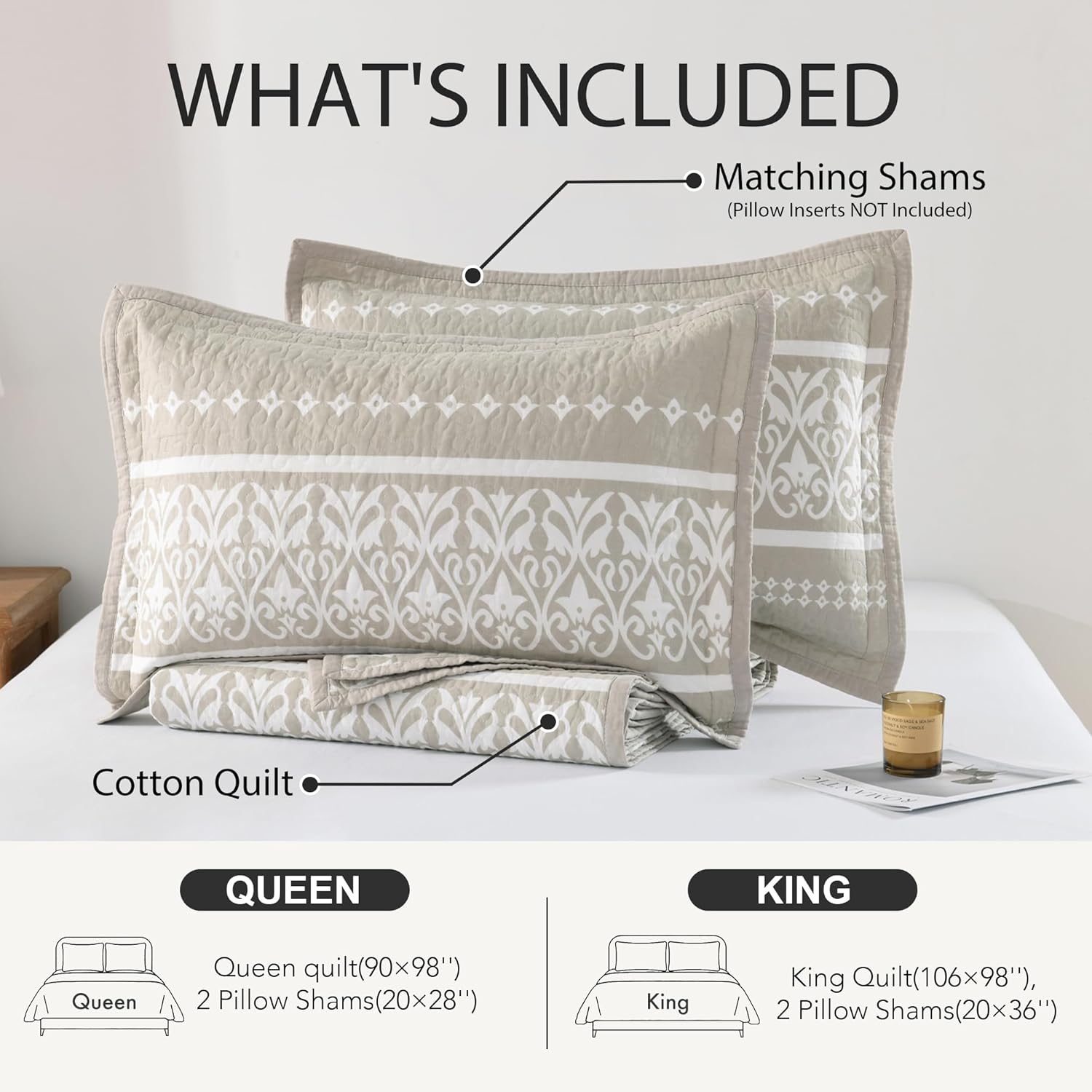 100% Cotton Quilt Set King Size - Beige and White Boho Quilt Bedding Set - Bohemian Striped Quilt Set with 2 Shams - All-Season Lightweight Coverlet & Bedspread 3 Piece