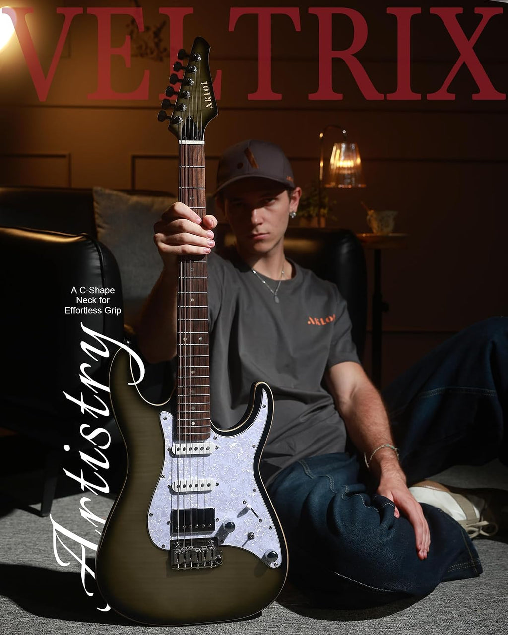 AKLOT Solid Body Electric Guitar - Flame Maple Top, HSS Alnico V Pickups with Coil-Split, Roasted Maple Neck, Locking Tuners, Veltrix Series, Obsidian Black