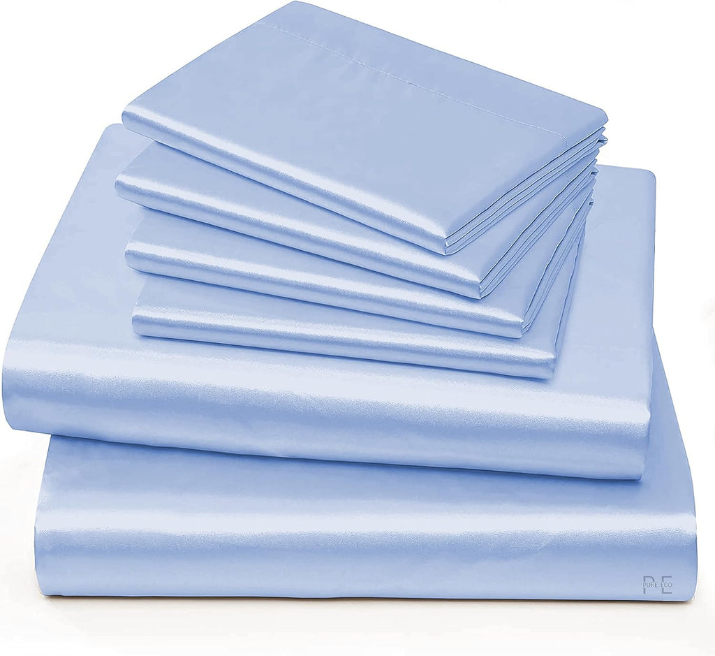 6 Piece Mulberry Silk Sheet Set Queen Size (60x80)+ Upto 16 Inch Deep Pocket Light Blue Color Smooth Soft and Silk Bed Sheets Queen Size Bedding Set