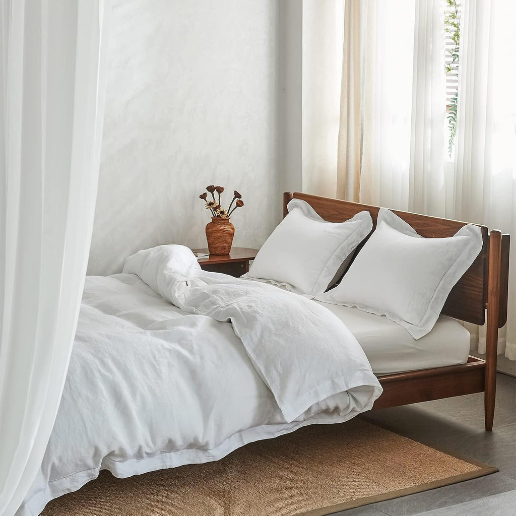 Simple&Opulence 100% Washed Linen Duvet Cover with Embroidered,3 Pieces Soft Farmhouse Comforter Set with Button Closure,1 Duvet Cover and 2 Pillowshams (California King,White)