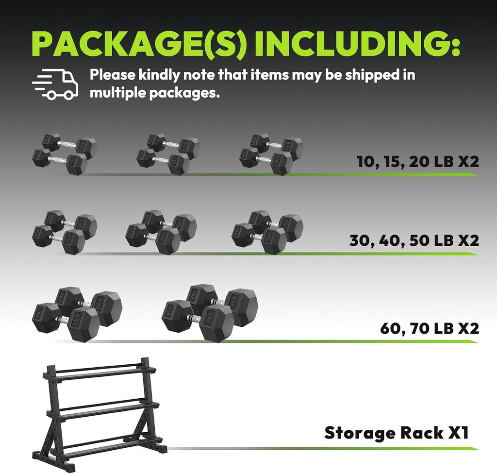 HANDBODE Hex Dumbbell Set with Rack, 300-840 lb Rubber Coated Fixed Weights Sets with Heavy Duty Storage Stand, Hexagon Shape, Multiple Weight Options Home Gym Equipment for Strength Training