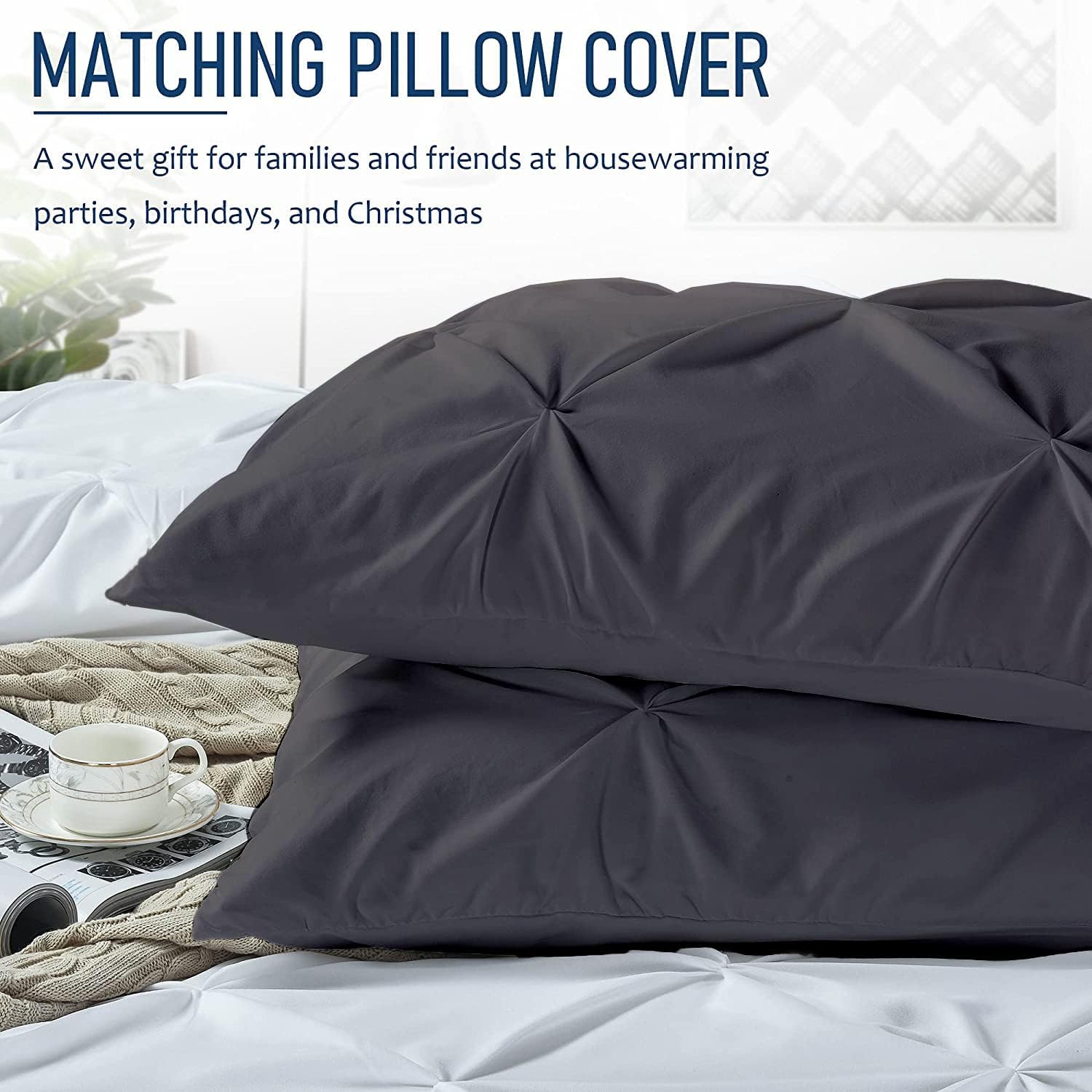 Crown Collection 1000-TC Ultra Soft Design 100% Egyptian Cotton Pinch Plated Duvet Cover Set with Zipper Colser & 2pcs Pillow Case (Alaskan 120'x136'), Drak Gray