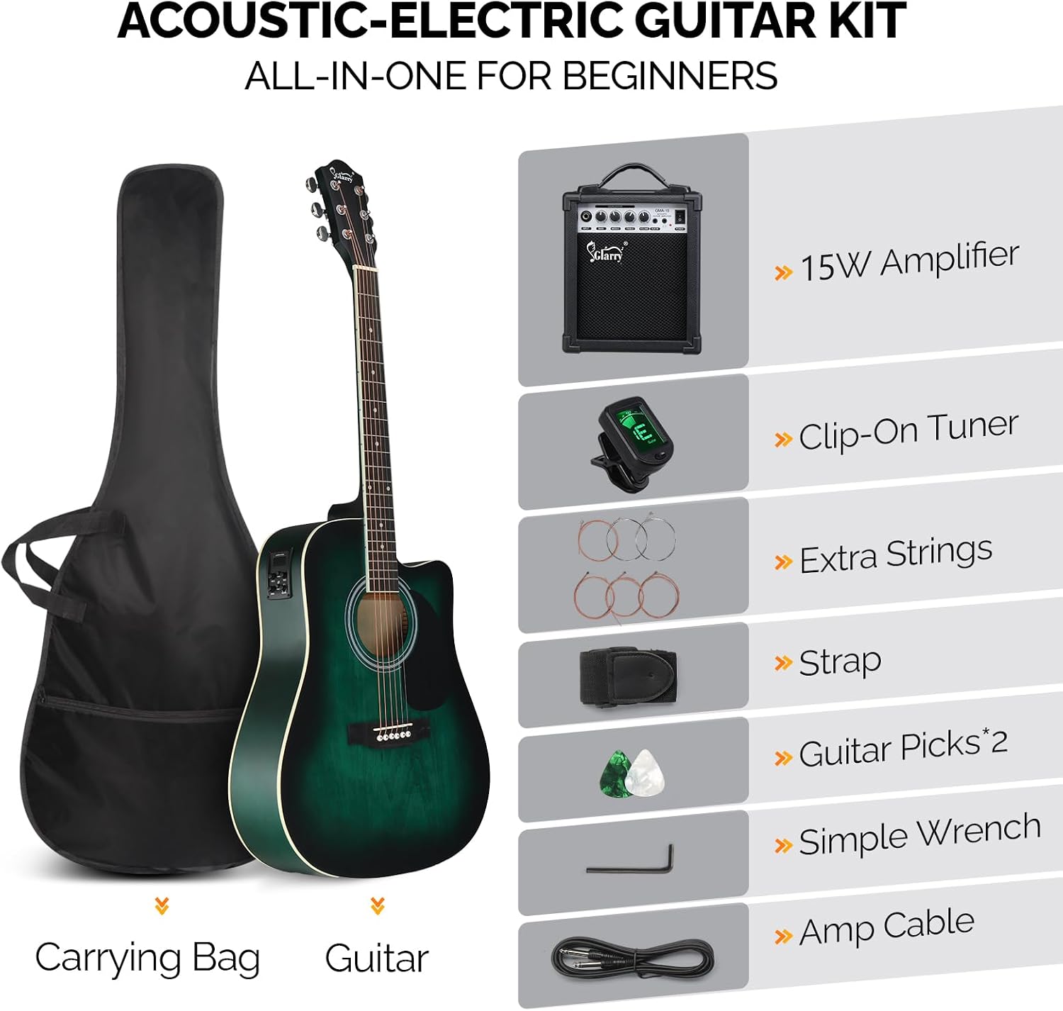 GLARRY Full Size 6 Strings Acoustic Electric Guitar Beginner Kit w/ 15W Amp, Cutaway 41 Inch Electric Acoustic Guitar w/Inbuilt Tuner, Bag, Strap, Picks, Strings, Basswood Guitarra, Distressed Green