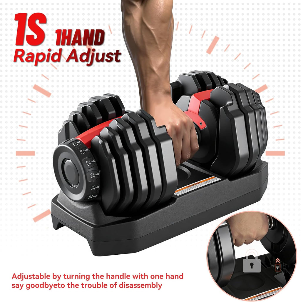 Adjustable Dumbbell Set, 2-in-1 Weights with Anti-Slip Handle, Fast Weight Adjustment for Home Gym, Strength Training, Single/Pair with Tray