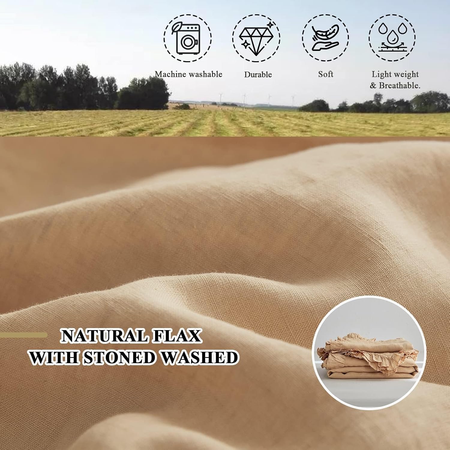 Simple&Opulence 100% Linen Duvet Cover Set, 3 PCS Natural French Flax Sand Ruffle Duvet Cover Full Size, Breathable Comfy Linen Bedding Comforter Cover with 2 Pillowcases (Sand, 78' X 86')