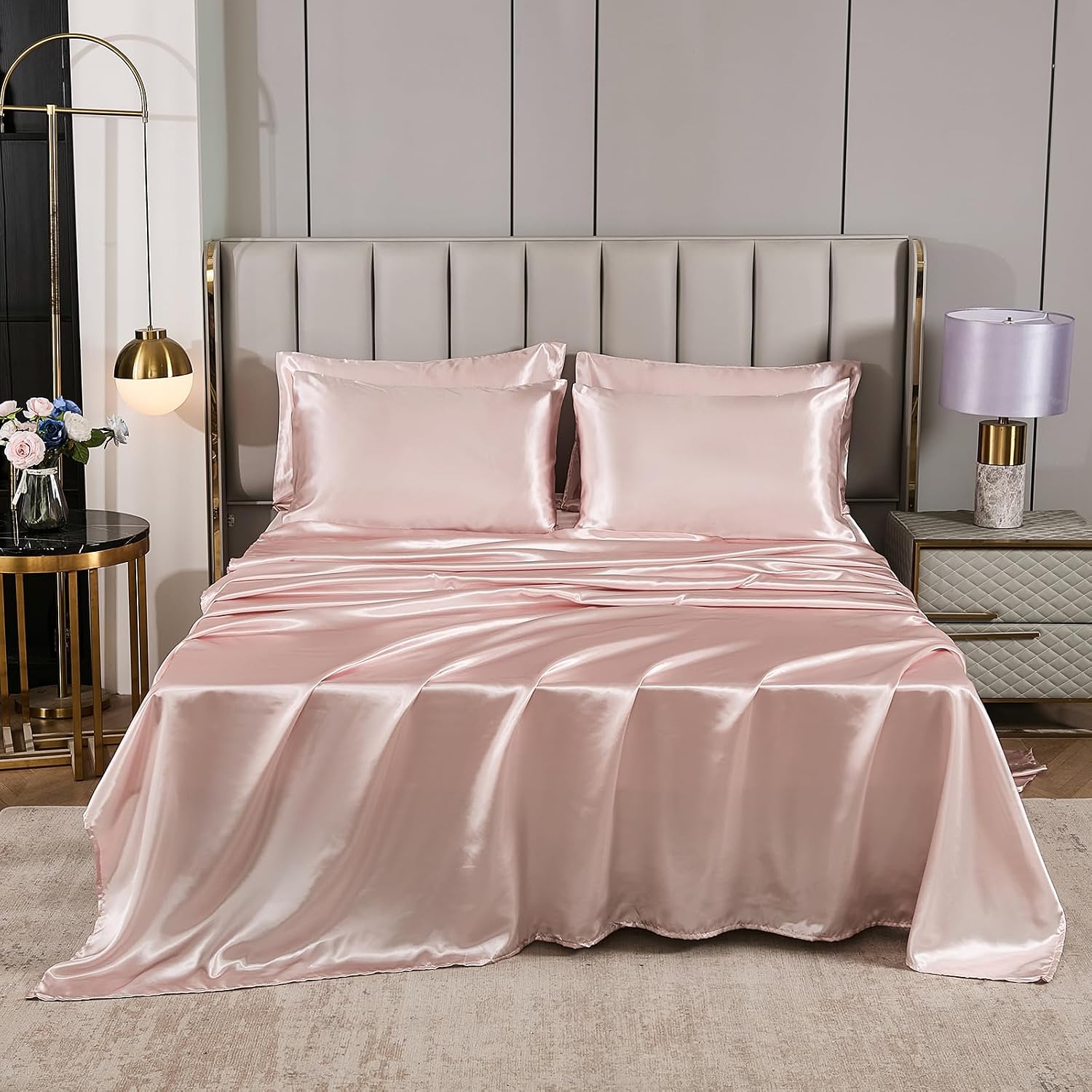 Herside Pink Mocha Satin Comforter Set 7 Pcs King Size Bed in a Bag Luxury Satin Bedding Set with Comforter Pillowcases and Sheets Sets Mini Pompoms Design Super Soft Silky Bed Set for All Seasons