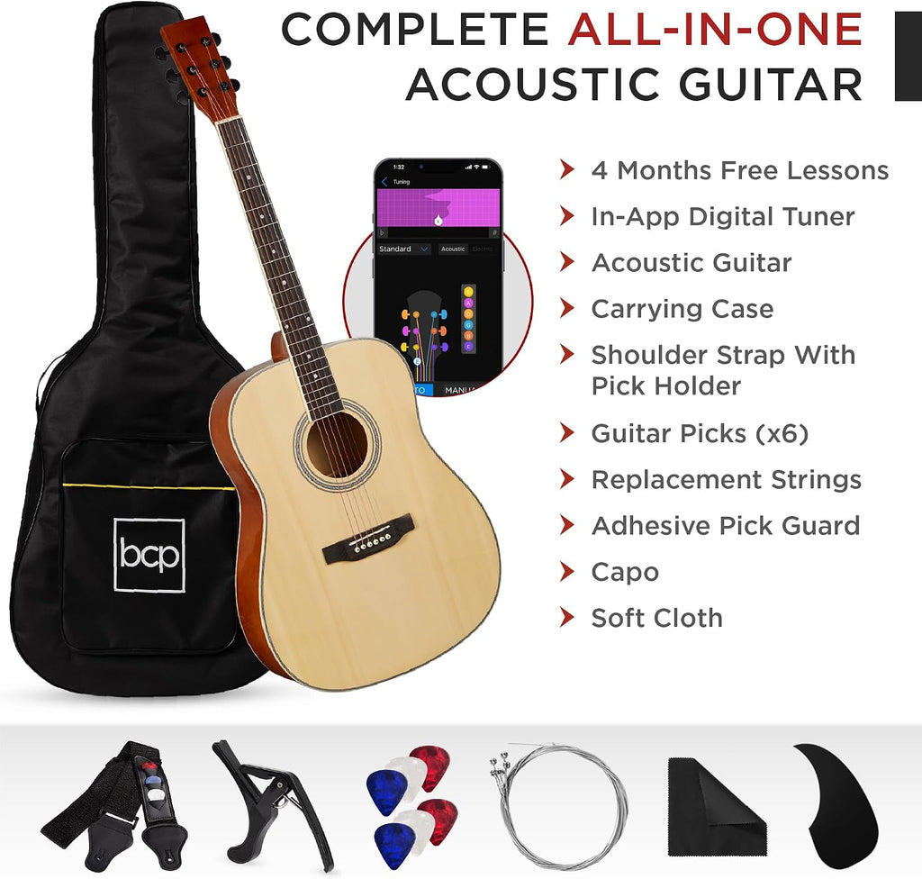 Best Choice Products 41in Full Size Beginner All Wood Acoustic Guitar Starter Set w/Gig Bag, Strap, Capo, Strings, Picks - Natural