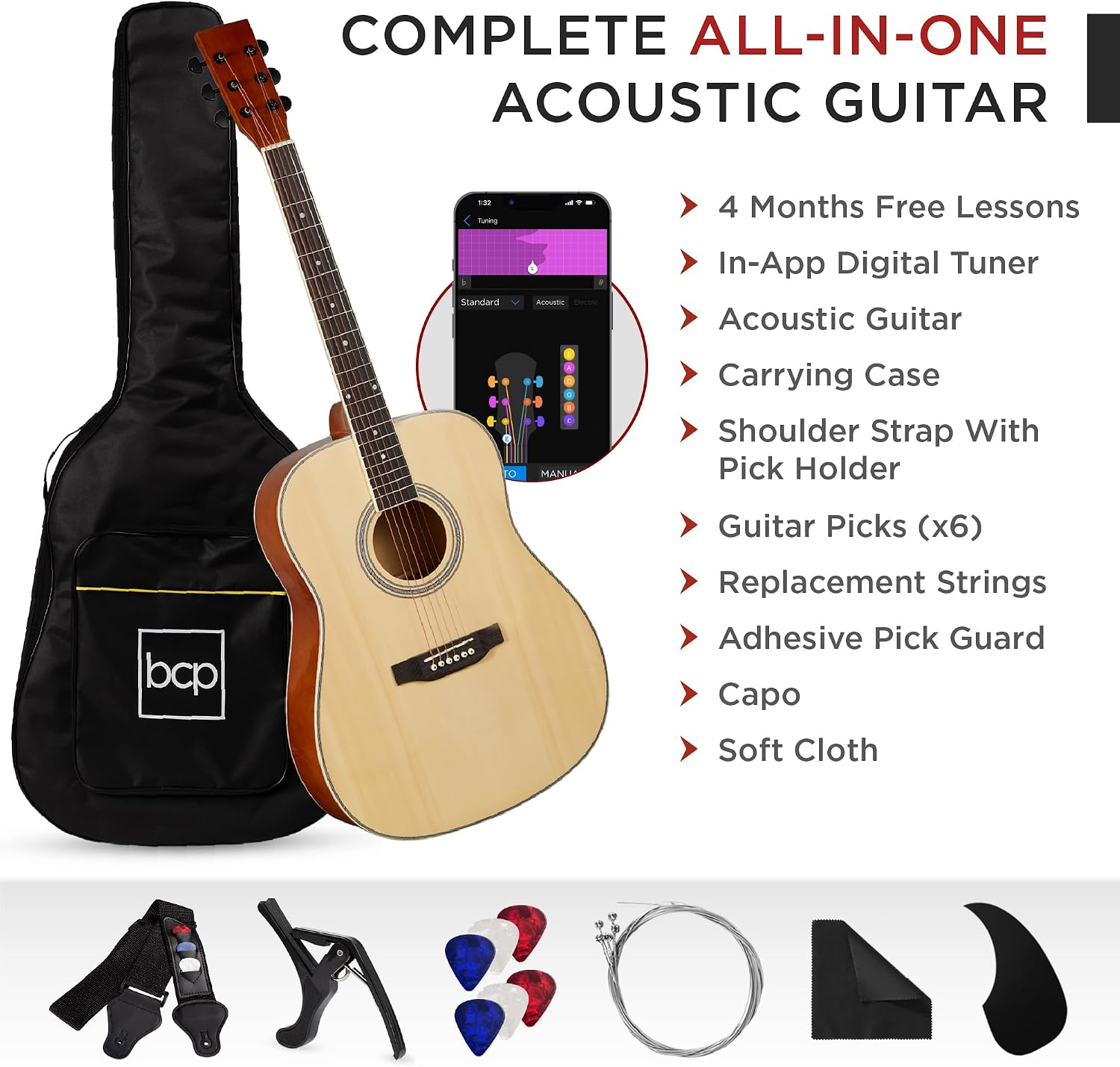 Best Choice Products 41in Full Size Beginner All Wood Acoustic Guitar Starter Set w/Gig Bag, Strap, Capo, Strings, Picks - Natural
