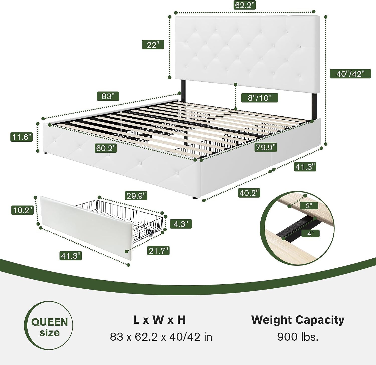 MUTICOR Queen Size Bed Frame with 4 Storage Drawers, Upholstered Platform Bed with Button Tufted Adjustable Headboard, No Box Spring Needed, Easy Assembly, Diamond Tufted, White Leather