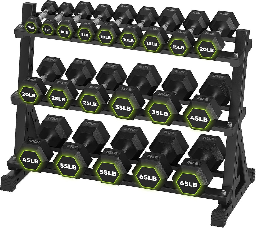 HANDBODE Hex Dumbbell Set with Rack, 300-840 lb Rubber Coated Fixed Weights Sets with Heavy Duty Storage Stand, Hexagon Shape, Multiple Weight Options Home Gym Equipment for Strength Training