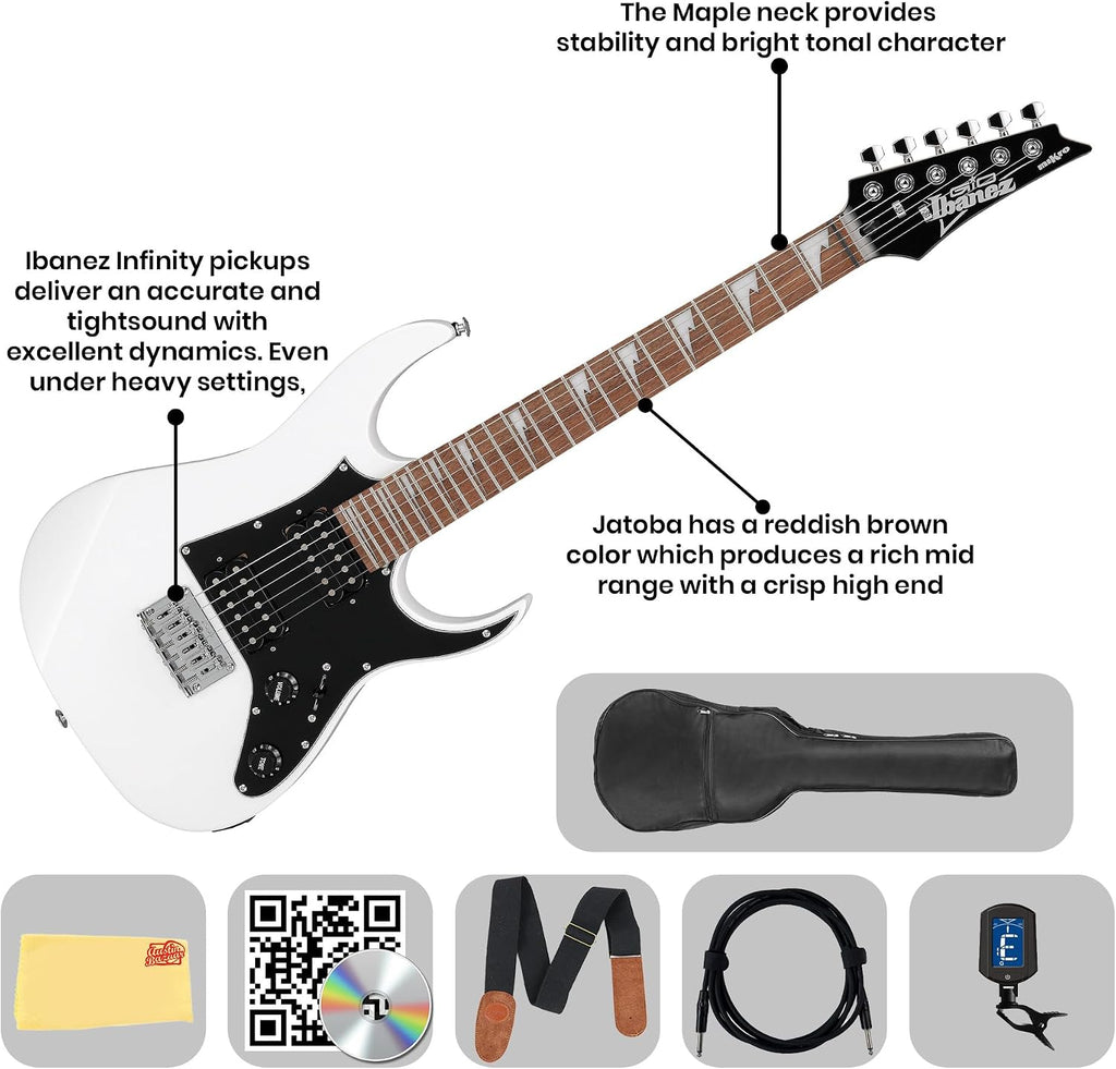 Ibanez GRGM21 RG Gio miKro Short-Scale Electric Guitar - White Bundle with Gig Bag, Tuner, Instrument Cable, Strap, Austin Bazaar Instructional DVD, and Polishing Cloth