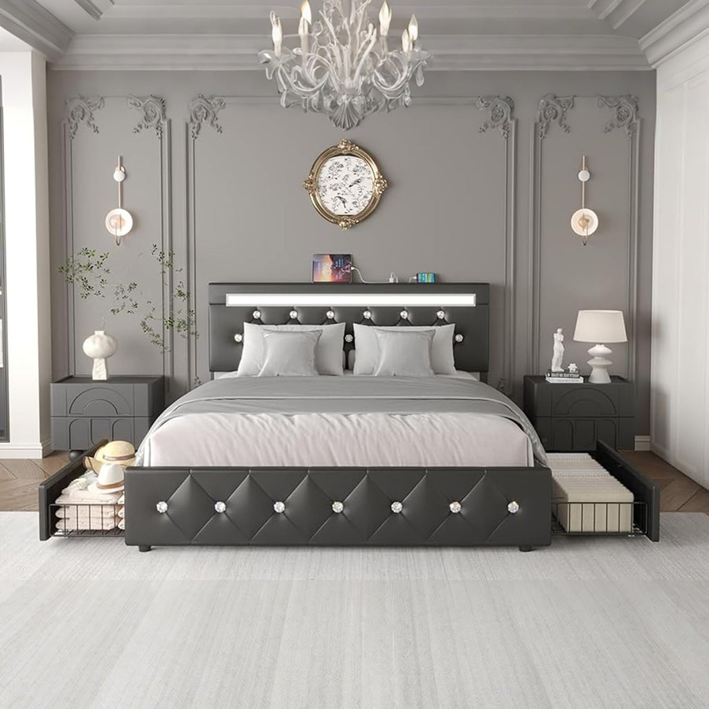 Bed Frame Queen Size with LED Light and Storage Drawers, Adjustable Headboard with PU Leather Upholstered, 2 Sockets and 2 USB Ports, No Box Spring Needed, Wooden Slats Support, Black