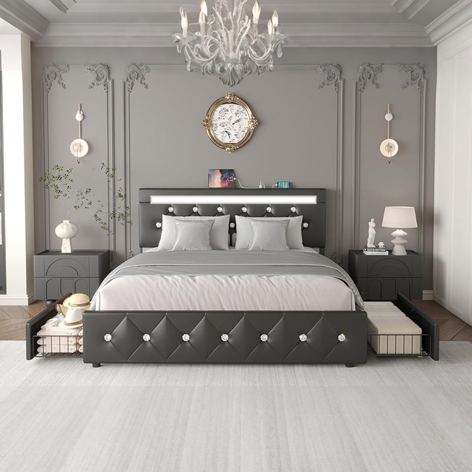 Bed Frame Queen Size with LED Light and Storage Drawers, Adjustable Headboard with PU Leather Upholstered, 2 Sockets and 2 USB Ports, No Box Spring Needed, Wooden Slats Support, Black