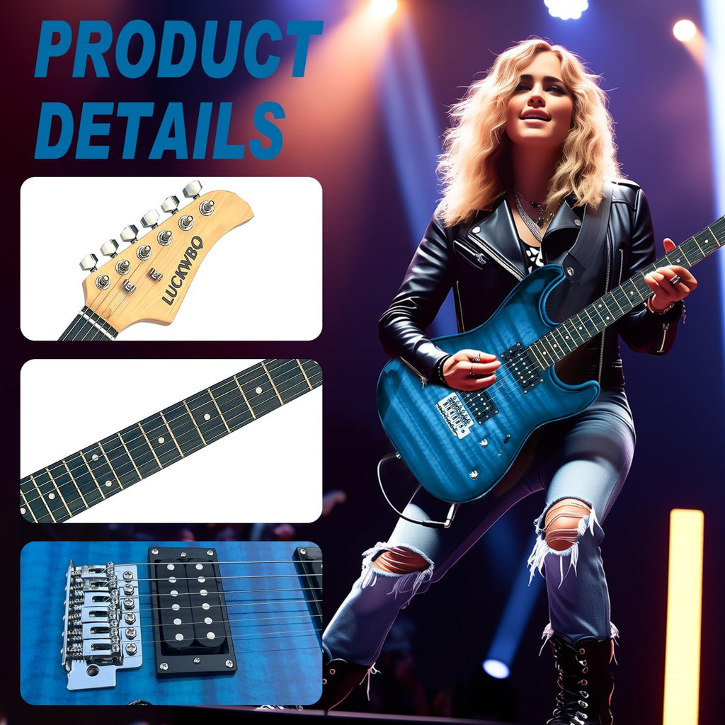39' Full Size ST Style Electric Guitar Starter Kit with HH Pickup, 20W Portable Amp, Tuner, Gig Bag, Strap & Accessories(Blue Flame)