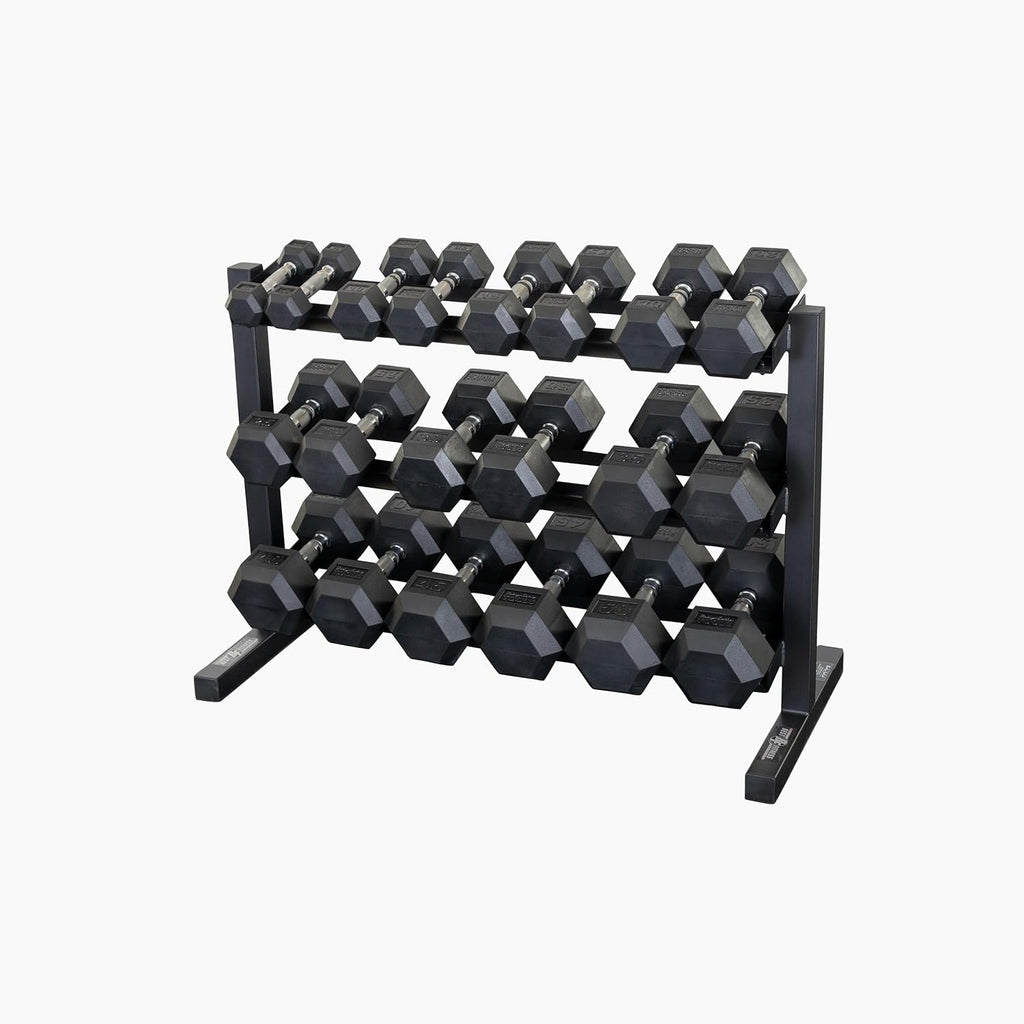 Body Solid Best Fitness (BFDR10-SET) 3-Tier Dumbbell Rack Set with 10 Pairs Rubber Coat Dumbbells 5-50 lbs and Vinyl Floor Mat, Rack Stand and Holder for Dumbbells, Home Gym Free Weight Rack Storage