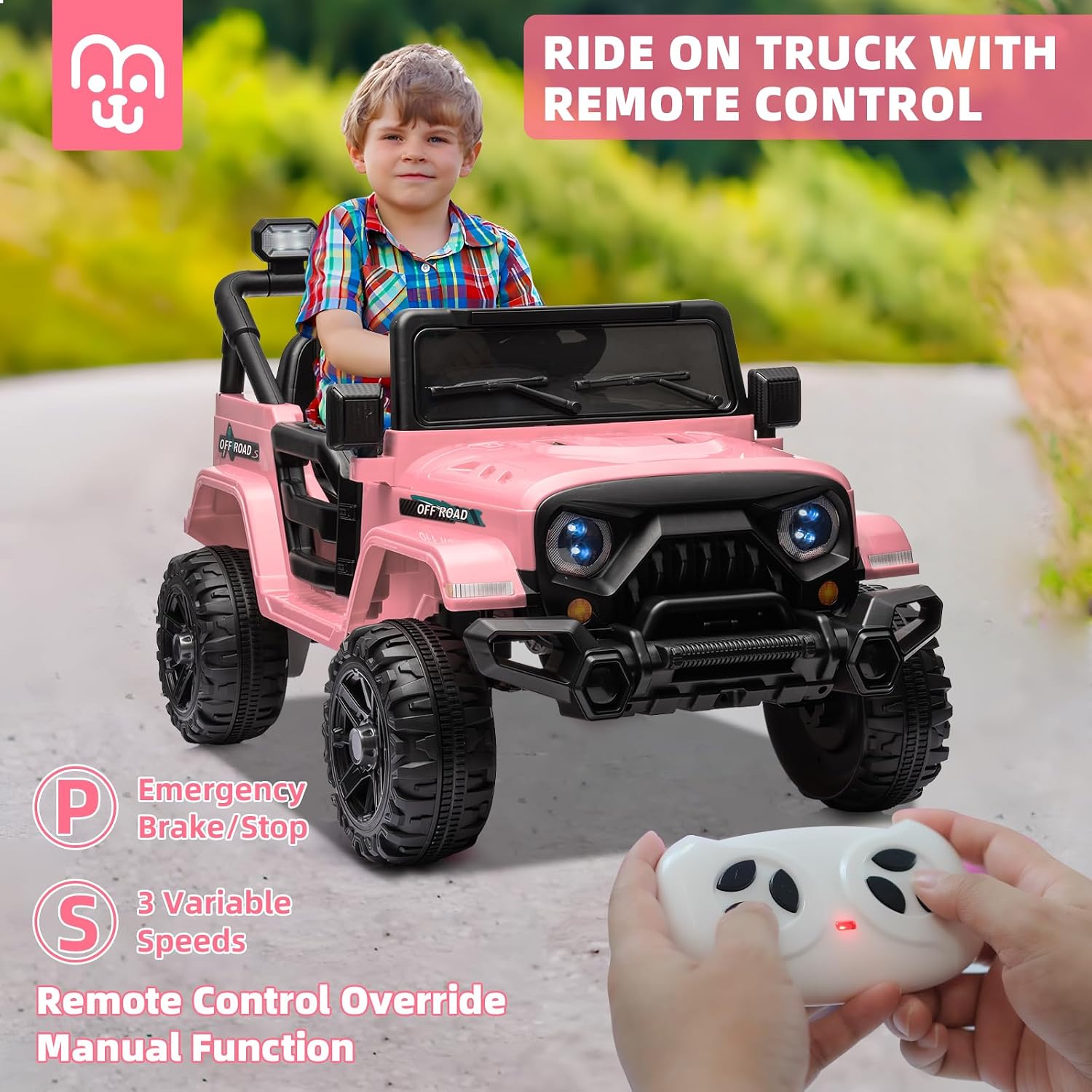 MINIATURE MOTORS 12V Kids Electric Ride on Truck Car Remote Control, Twin 35W Motors 3.5MPH Max Speed, Bluetooth Music Player, 4 Wheels Suspension LED Lights Safety Belt Gift for Boys Girls-Light Pink