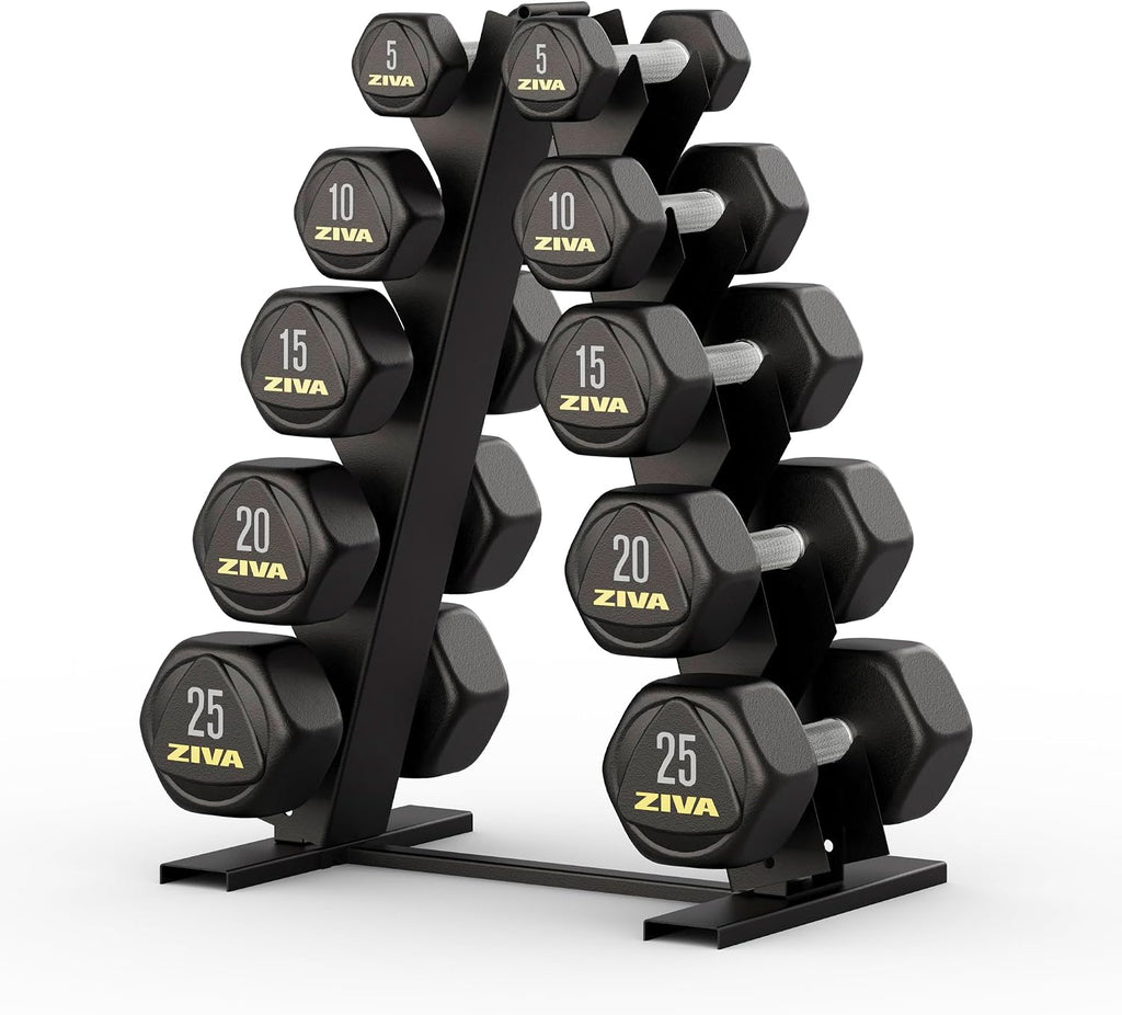 ZIVA Premium Hex Dumbbells – Commercial Grade Rubber Urethane Coated Free Weights for Strength Training, Weightlifting, Home Gym – Durable Steel Core – Sold in Pairs and Sets