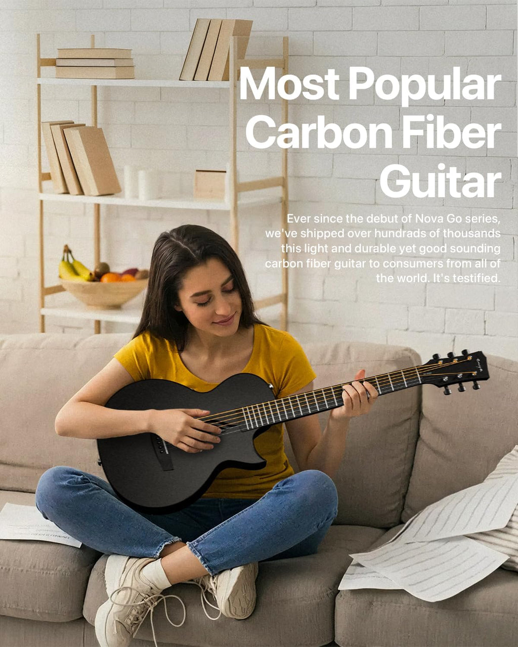 Enya NOVA GO SP1 Carbon Fiber Travel Guitar - 35' Acoustic Electric with Smart AcousticPlus Technology, Built-in Effects, USB Recording, Bluetooth Speaker, Beginner Bundle with Gig Bag & Accessories