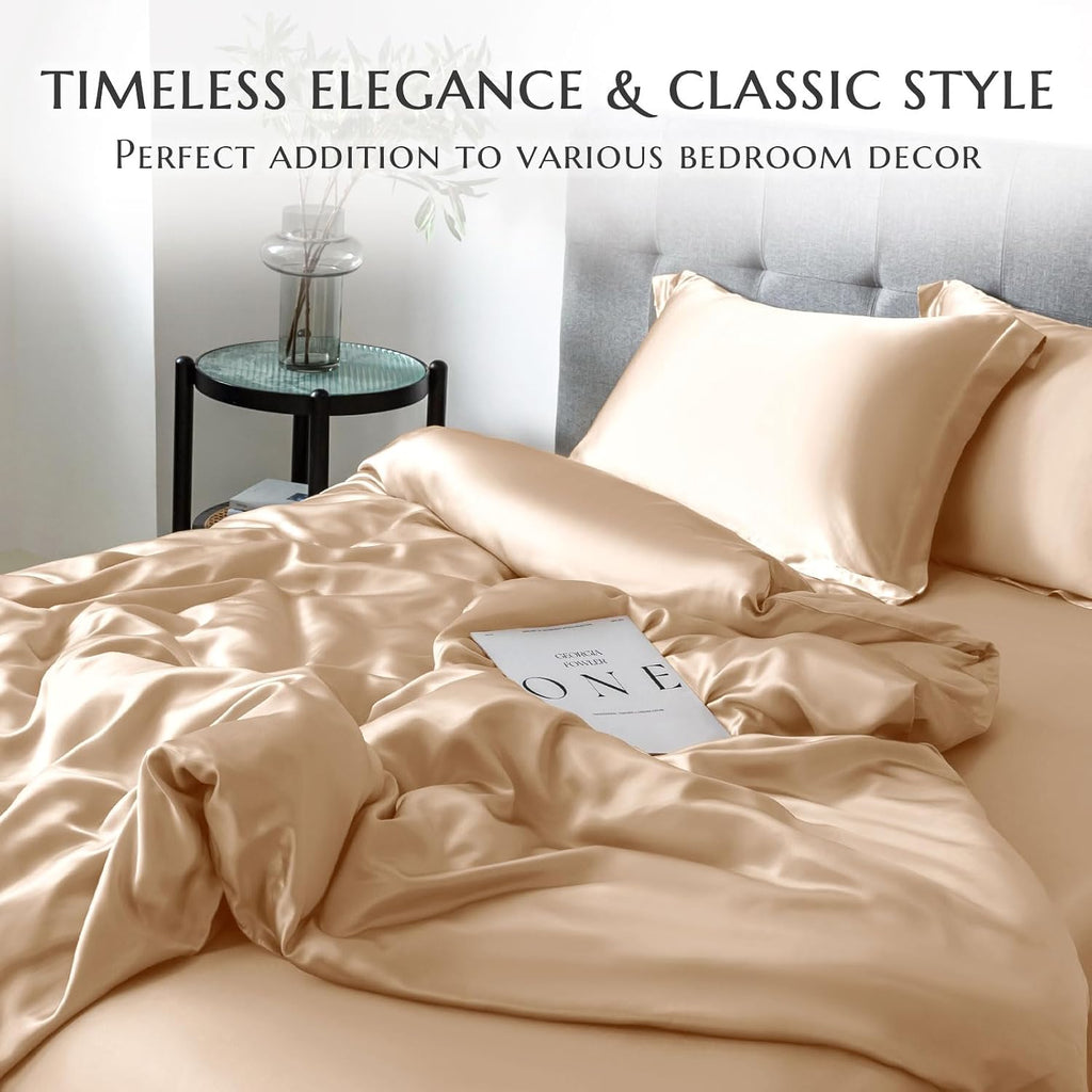 THXSILK 100% Silk Sheet Set, 7A+ Silk Sheet Set Soft Breathable, Luxury Bedding (1 Duvet Cover, 1 Fitted Sheet, 2 Pillow Shams), King, Champagne